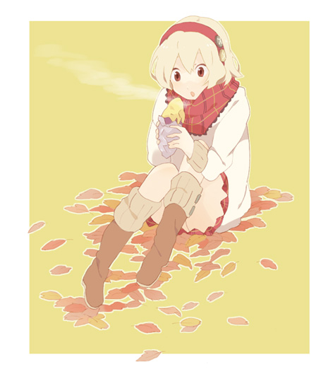 hayato (meromoni), original, 1girl, boots, female focus, food, headband, leaf, scarf, sitting, skirt, solo, sweater, sweet potato