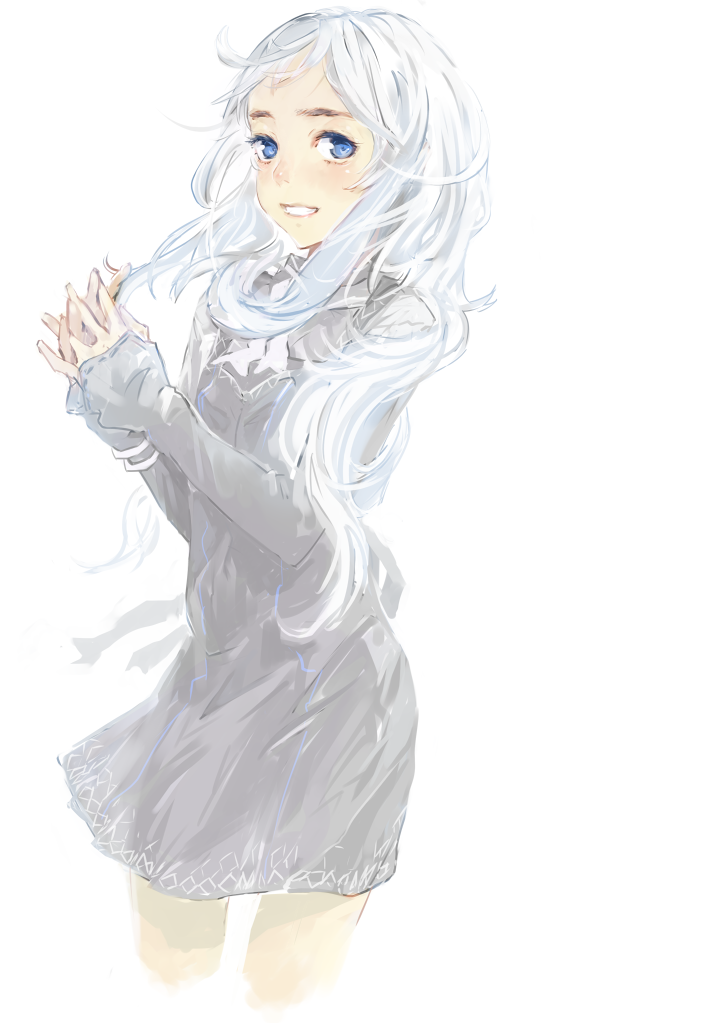 nimirom, original, commentary request, 1girl, blue eyes, blush, cowboy shot, cropped legs, dress, floating hair, grey dress, grin, hands up, interlocked fingers, long hair, long sleeves, looking at viewer, looking to the side, mismatched eyebrows, open mouth, own hands together, short dress, sidelocks, sideways glance, simple background, sleeves past wrists, smile, solo, standing, very long hair, white background, white hair