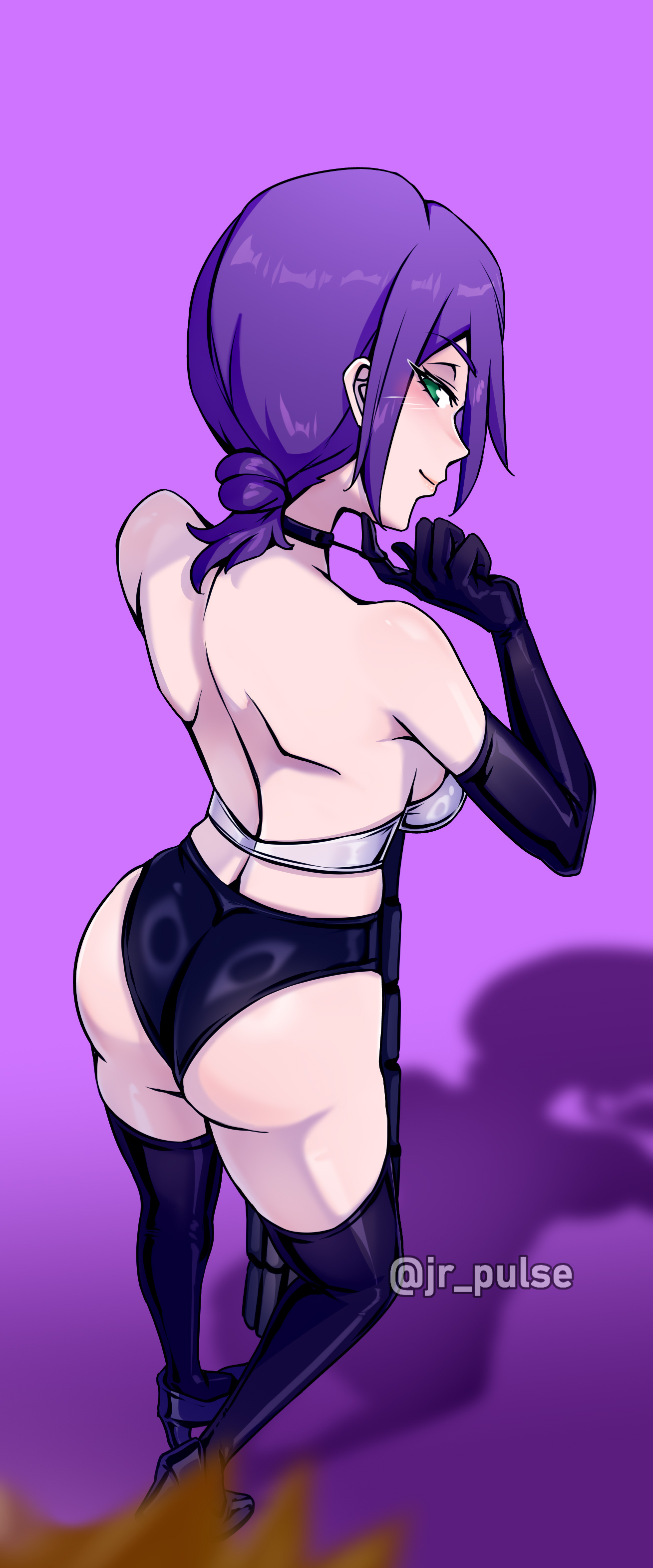 jrpulse, denji (chainsaw man), reze (chainsaw man), chainsaw man, absurdres, highres, 1boy, 1girl, ass, bikini, black bikini, black boots, black gloves, boots, breasts, closed mouth, elbow gloves, gloves, green eyes, hair bun, large breasts, looking back, purple background, purple hair, shadow, sideboob, solo focus, standing, swimsuit, thigh boots, twitter username