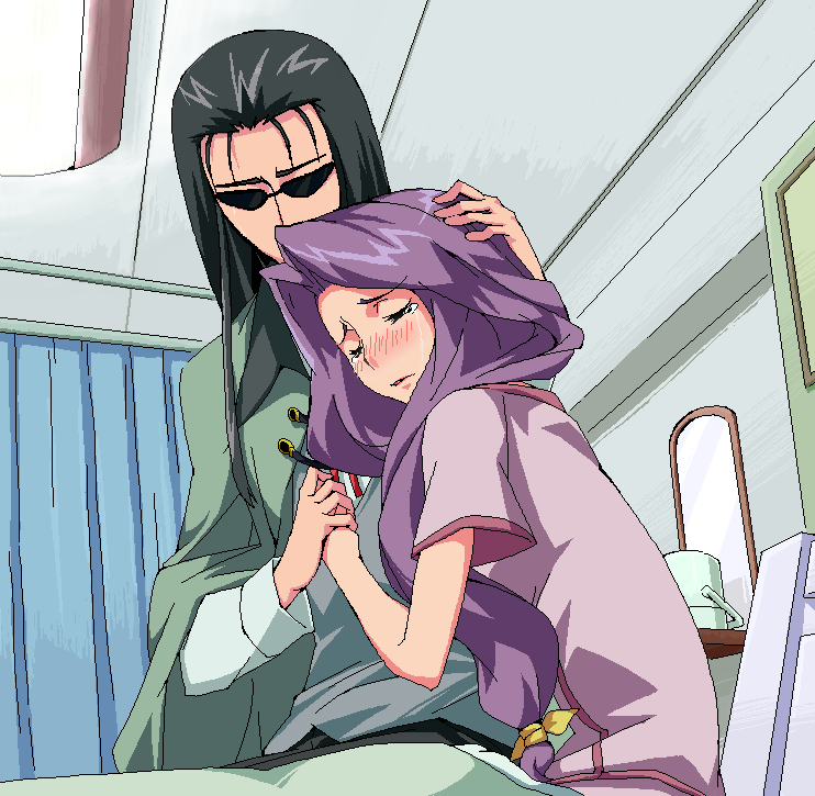 amami amayu, cornelia li britannia, gilbert g.p. guilford, code geass, 00s, 1boy, 1girl, bed, black hair, blush, closed eyes, hetero, holding hands, indoors, long hair, oekaki, purple hair, sunglasses, tears