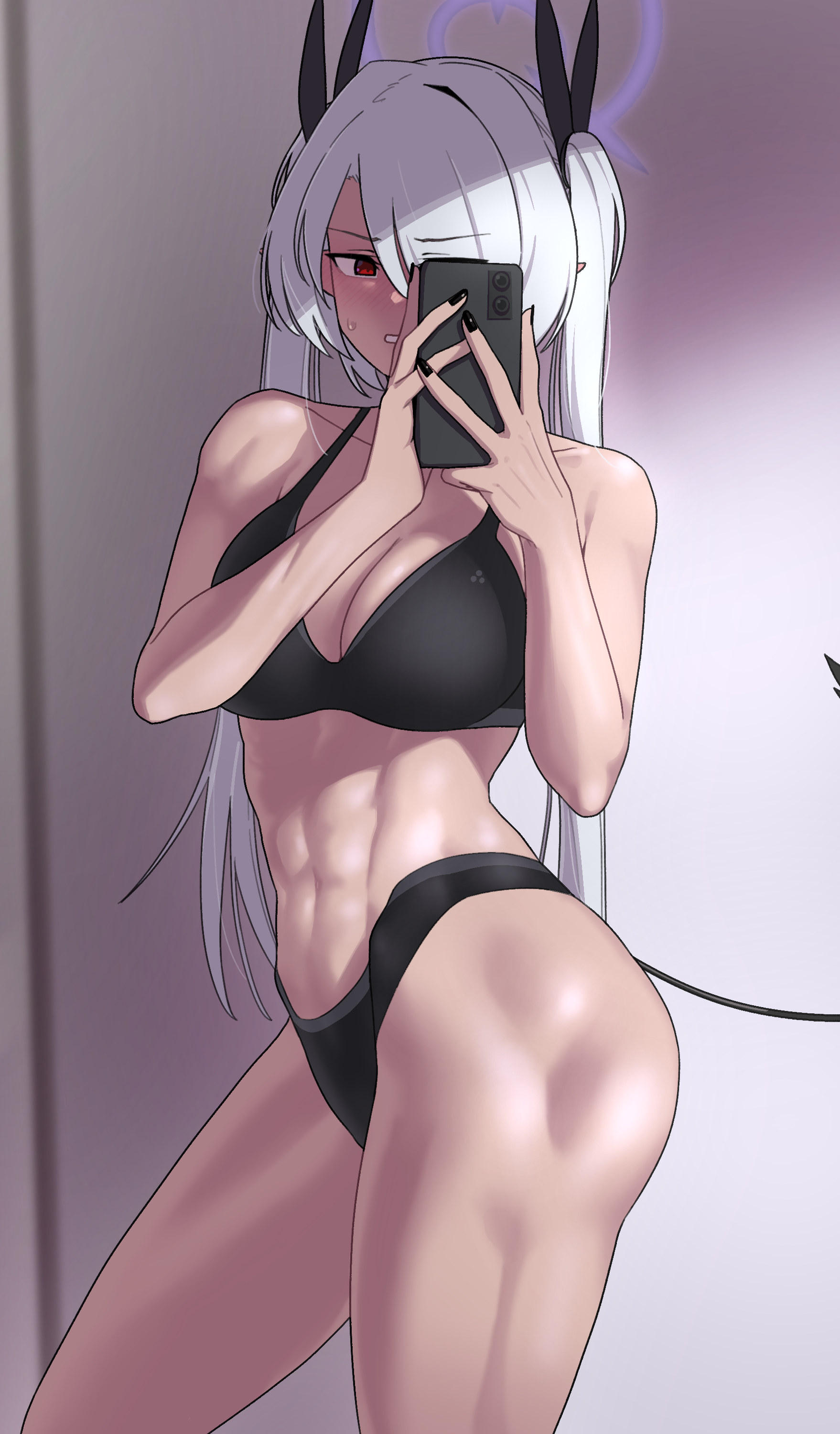 oddsnail, iori (blue archive), blue archive, absurdres, highres, 1girl, abs, bare arms, bare shoulders, black bra, black panties, blush, bra, breasts, cellphone, cleavage, clenched teeth, demon tail, hair over one eye, halo, holding, holding phone, long hair, looking at viewer, medium breasts, muscular, muscular female, panties, phone, pointy ears, purple halo, red eyes, smartphone, solo, stomach, sweatdrop, tail, tan, teeth, thighs, twintails, underwear, underwear only, white hair