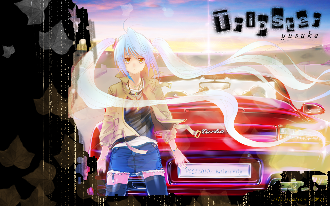nael, hatsune miku, porsche, vocaloid, bad id, bad pixiv id, 1girl, blue hair, car, female focus, long hair, motor vehicle, porsche 911, porsche 911 turbo, porsche 997, skirt, solo, thighhighs, twintails, yellow eyes, zettai ryouiki