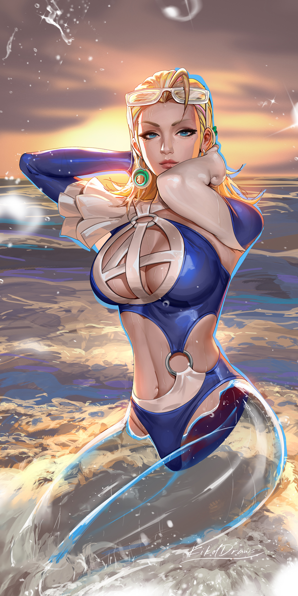 liang xing, sue storm, sue storm (azure shade), marvel, marvel rivals, hashtag-only commentary, highres, 1girl, ahoge, blonde hair, blue eyes, breasts, cleavage cutout, closed mouth, clothing cutout, earrings, eyewear on head, glasses, jewelry, large breasts, long hair, looking at viewer, navel, ocean, partially invisible, solo, swimsuit, water, wet