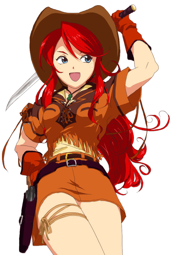 endo, gemini sunrise, sakura taisen, sakura taisen v, 00s, 1girl, belt, blue eyes, cowboy hat, cowboy shot, cowboy western, female focus, freckles, fringe trim, gloves, gun holster, hat, holster, katana, ponytail, red hair, skirt, solo, sword, thigh strap, weapon