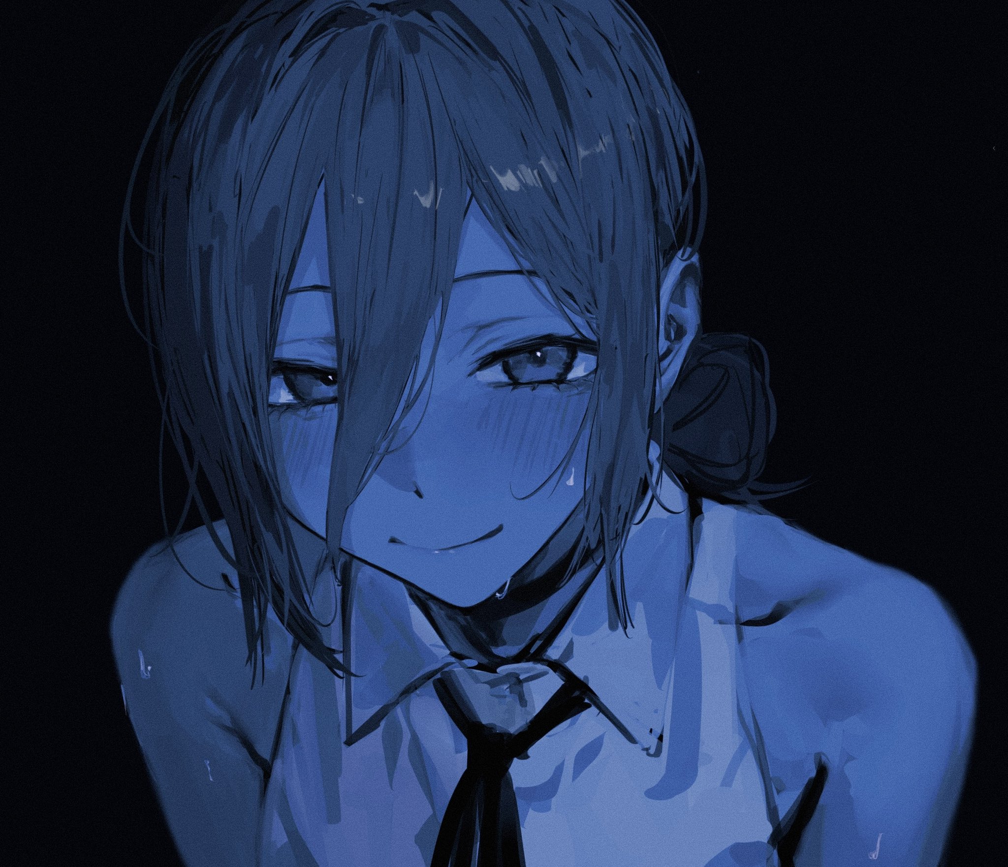raberu ruru, reze (chainsaw man), chainsaw man, commentary, highres, 1girl, black background, blue theme, blush, choker, closed mouth, collared shirt, hair between eyes, hair bun, long hair between eyes, looking at viewer, neck ribbon, portrait, ribbon, shirt, short hair, simple background, single hair bun, sleeveless, sleeveless shirt, smile, solo, wet, wing collar