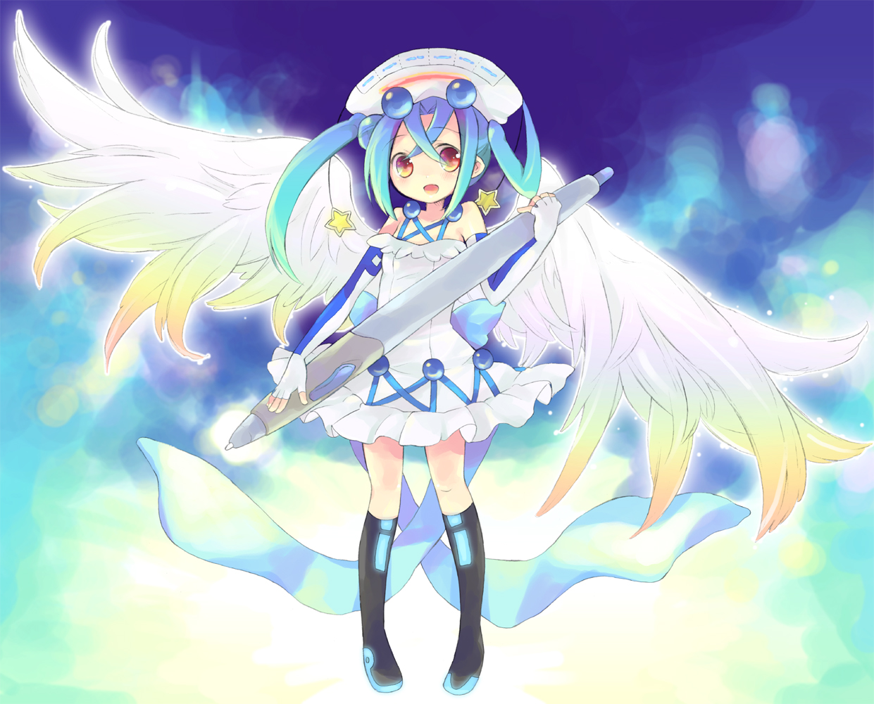 tachitsu teto, pixiv-tan, pixiv, graphite (medium), mixed media, traditional media, 1girl, blue hair, blush, child, female focus, gradient hair, green hair, hat, long hair, looking at viewer, multicolored hair, multicolored wings, neon trim, open mouth, oversized object, oversized wings, smile, solo, stylus, tareme, twintails, wings