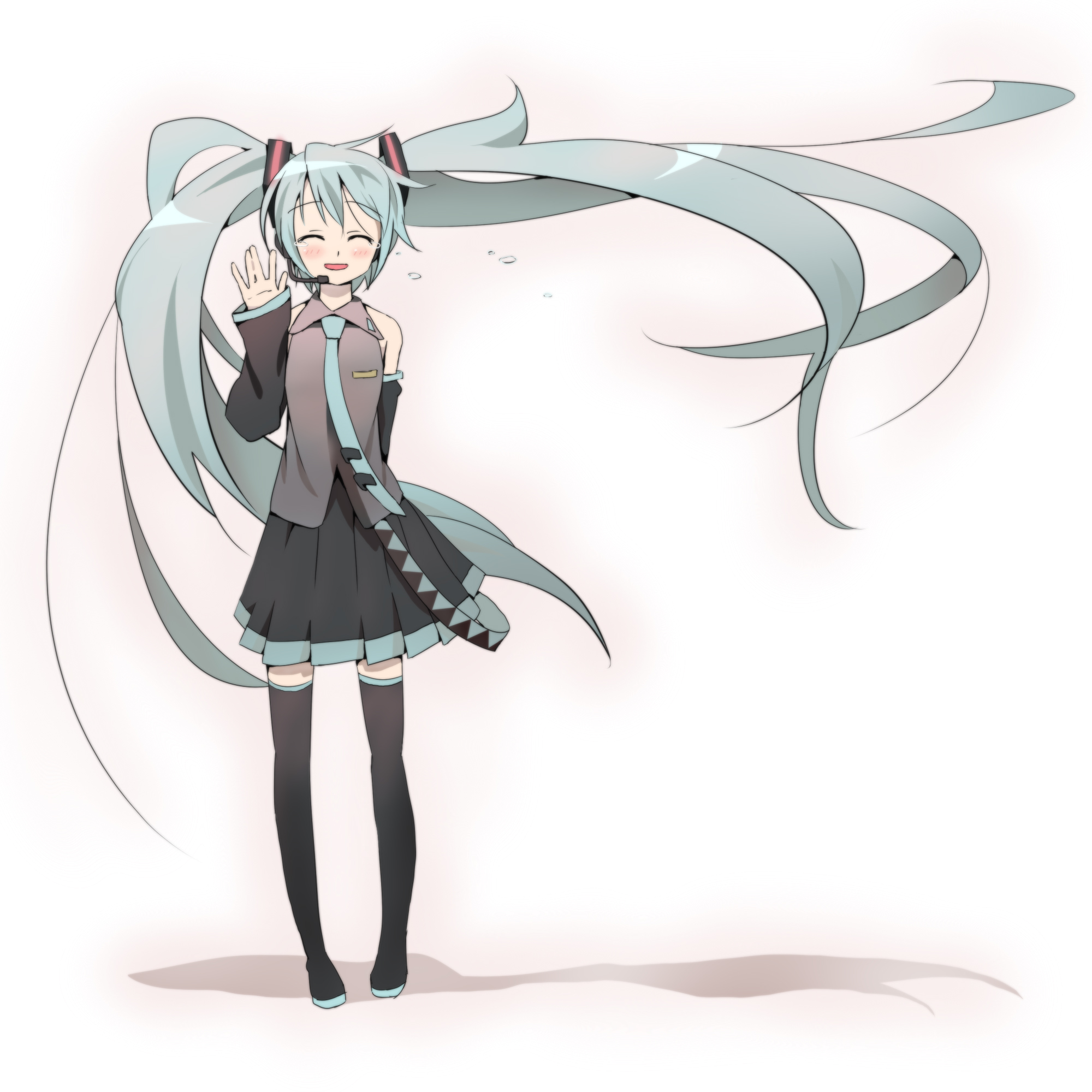 nagareboshi, hatsune miku, vocaloid, highres, 1girl, aqua hair, blush, boots, closed eyes, female focus, full body, gradient background, long hair, necktie, solo, tears, thigh boots, thighhighs, twintails
