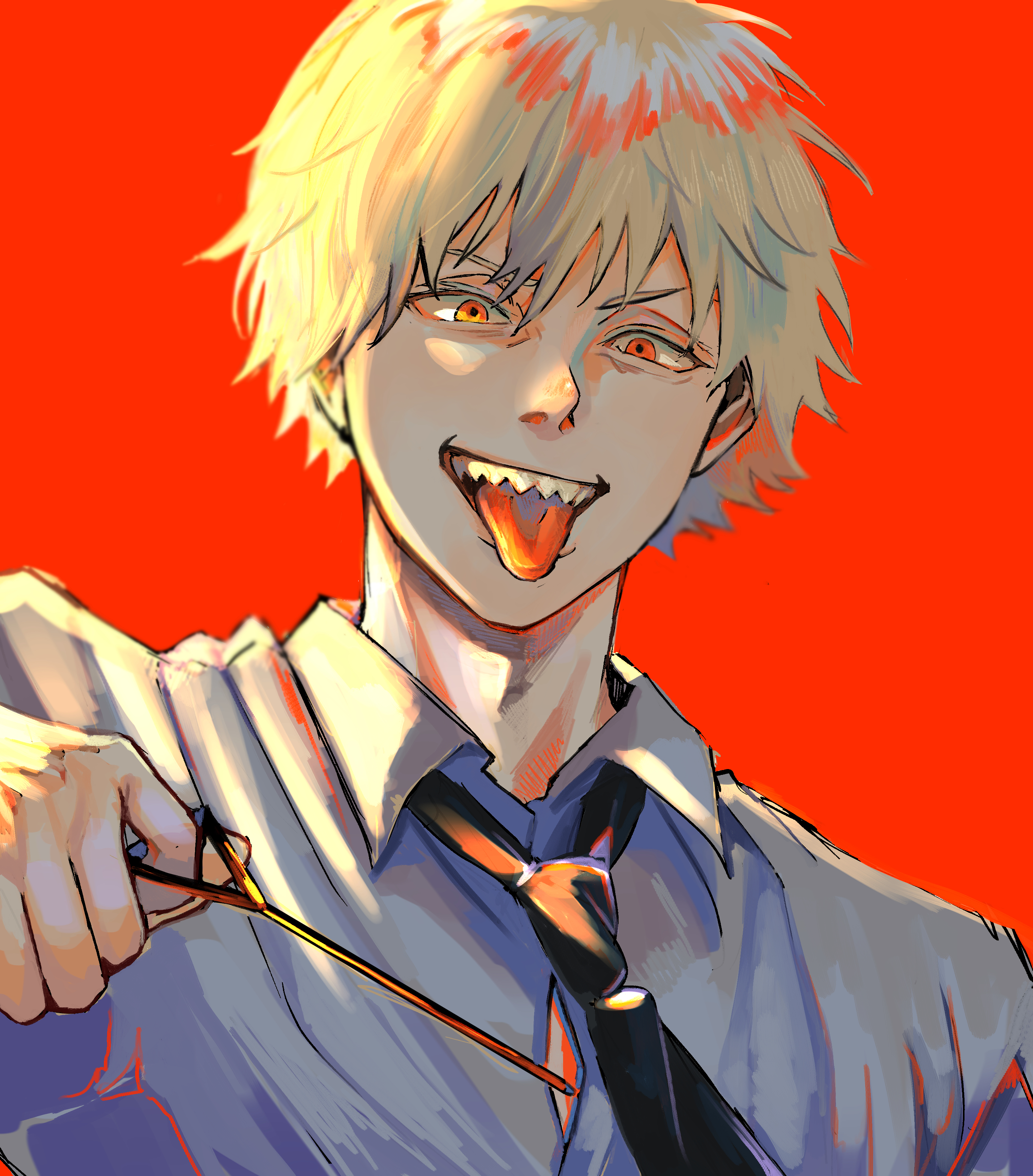 denji (chainsaw man), chainsaw man, absurdres, highres, 1boy, black necktie, blonde hair, collared shirt, grey shirt, lily 0411, looking at viewer, male focus, necktie, open mouth, orange eyes, pull string, red background, sharp teeth, shirt, short hair, simple background, solo, teeth, tongue, tongue out