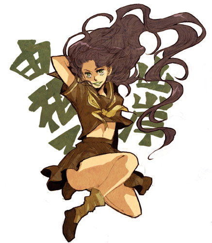 yoki (artist), yamagishi yukako, jojo no kimyou na bouken, lowres, 1girl, black hair, female focus, full body, green hair, legs, lipstick, long hair, makeup, midriff, navel, school uniform, serafuku, shoes, skirt, smile, socks, solo, white background