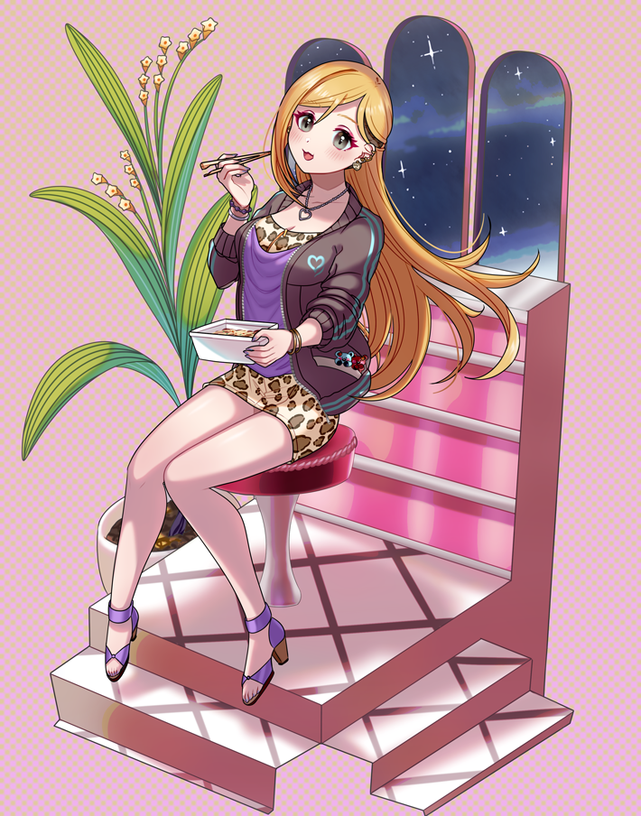 ich., fujimoto rina, idolmaster, idolmaster cinderella girls, commentary request, 1girl, animal print, blonde hair, blush, bracelet, breasts, brown jacket, chopsticks, cleavage, dress, dress under shirt, ear piercing, earrings, eyelashes, food, full body, grey eyes, heart, heart necklace, high heels, holding, holding chopsticks, jacket, jewelry, leopard print, long sleeves, necklace, on stool, open clothes, open jacket, open mouth, piercing, plant, print dress, purple shirt, shirt, sitting, sky, solo, star (sky), starry sky, undercut, window