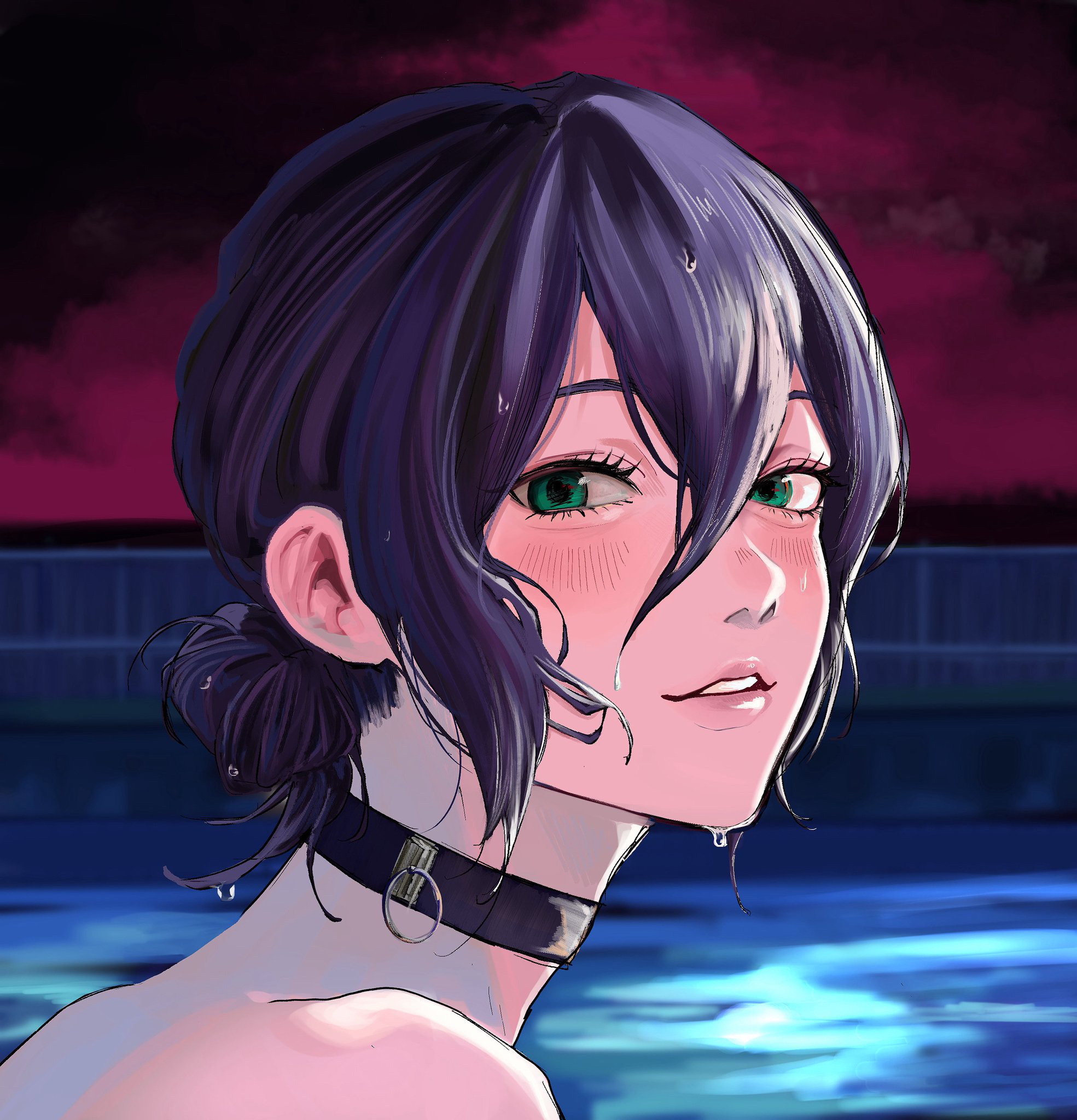 reze (chainsaw man), chainsaw man, highres, 1girl, black choker, choker, green eyes, grenade pin, hair between eyes, lily 0411, looking at viewer, night, outdoors, parted lips, partially submerged, pool, purple hair, solo, water, wet, wet hair