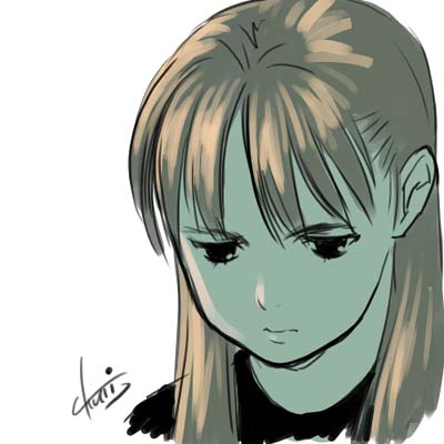 lowres, 1girl, black eyes, brown hair, female focus, long hair, portrait, sad, serious, signature, solo