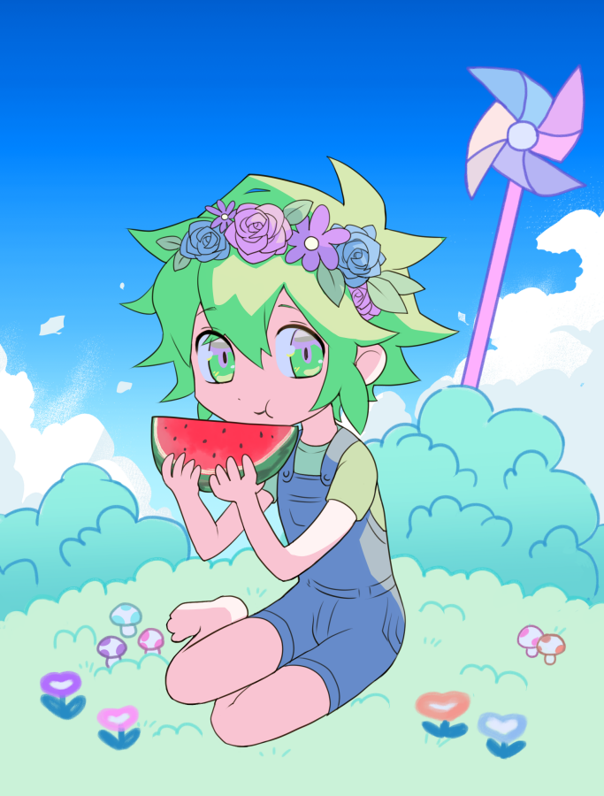 g tsurius, basil (headspace) (omori), basil (omori), omori, 1boy, alternate skin color, barefoot, blue overalls, blue sky, closed mouth, cloud, day, double-parted bangs, food, fruit, green eyes, green hair, green shirt, hair between eyes, head wreath, holding, holding food, looking at viewer, male focus, outdoors, overall shorts, overalls, pinwheel, shirt, short hair, short sleeves, sitting, sky, smile, solo, t-shirt, watermelon, watermelon slice