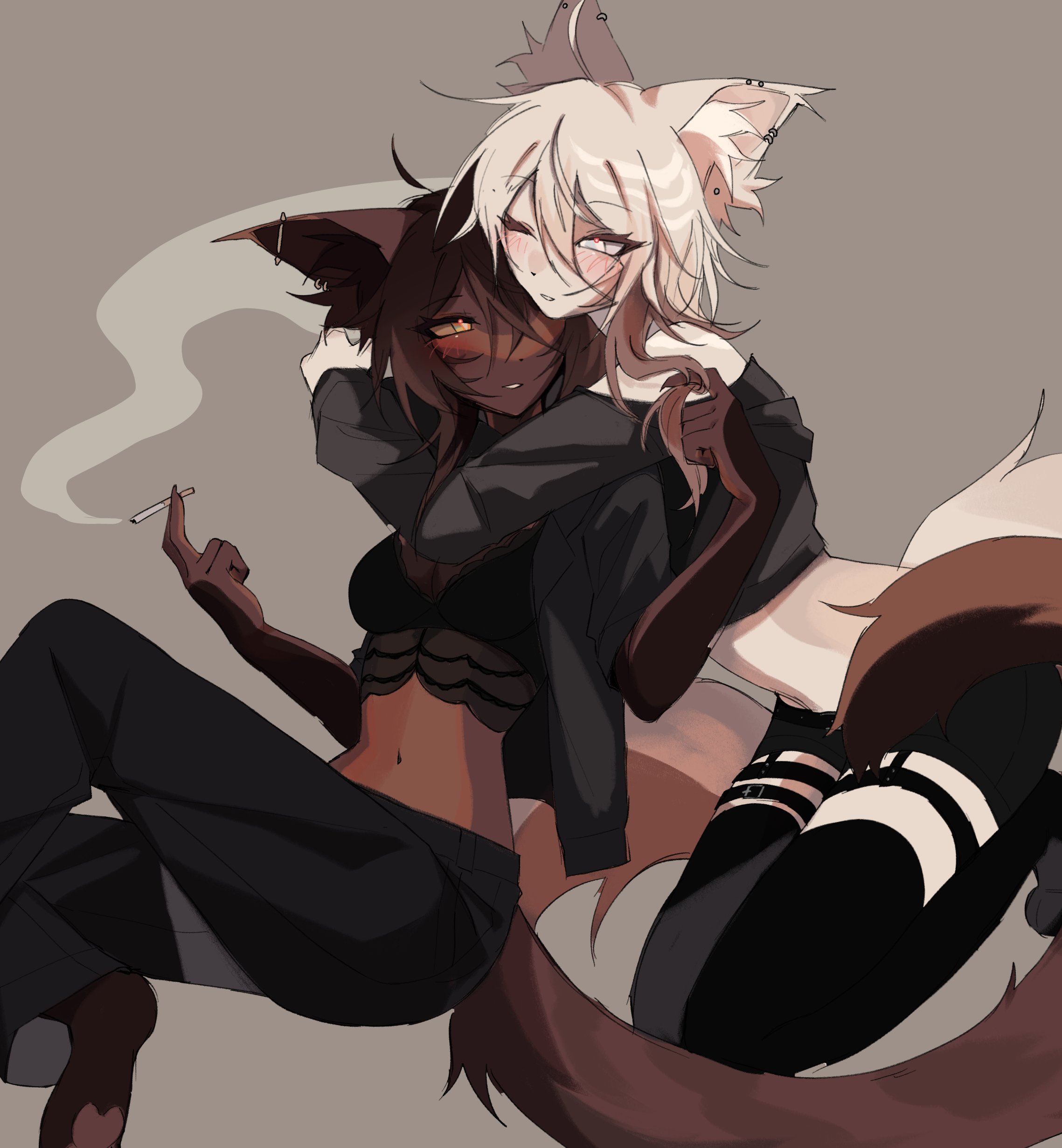 original, absurdres, commentary, english commentary, highres, 2girls, animal ear piercing, animal ears, arms around neck, black pants, black shirt, black shorts, black thighhighs, blonde hair, blush, brown background, cat ears, cat girl, cat tail, cigarette, dark-skinned female, dark skin, grey eyes, holding, holding cigarette, hug, hug from behind, midriff, multiple girls, navel, nekomatapng, off-shoulder shirt, off shoulder, pants, parted lips, shirt, shorts, simple background, smoke, smoking, tail, thigh strap, thighhighs, yuri