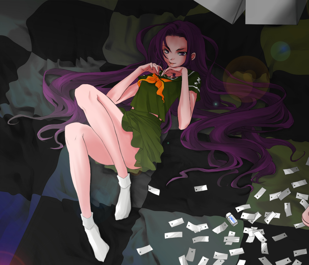 yamagishi yukako, jojo no kimyou na bouken, tombow mono, vocaloid, world is mine (vocaloid), derivative work, 1girl, brand name imitation, eraser, female focus, legs, lens flare, long hair, lying, on back, parody, purple eyes, purple hair, school uniform, serafuku, socks, solo, very long hair