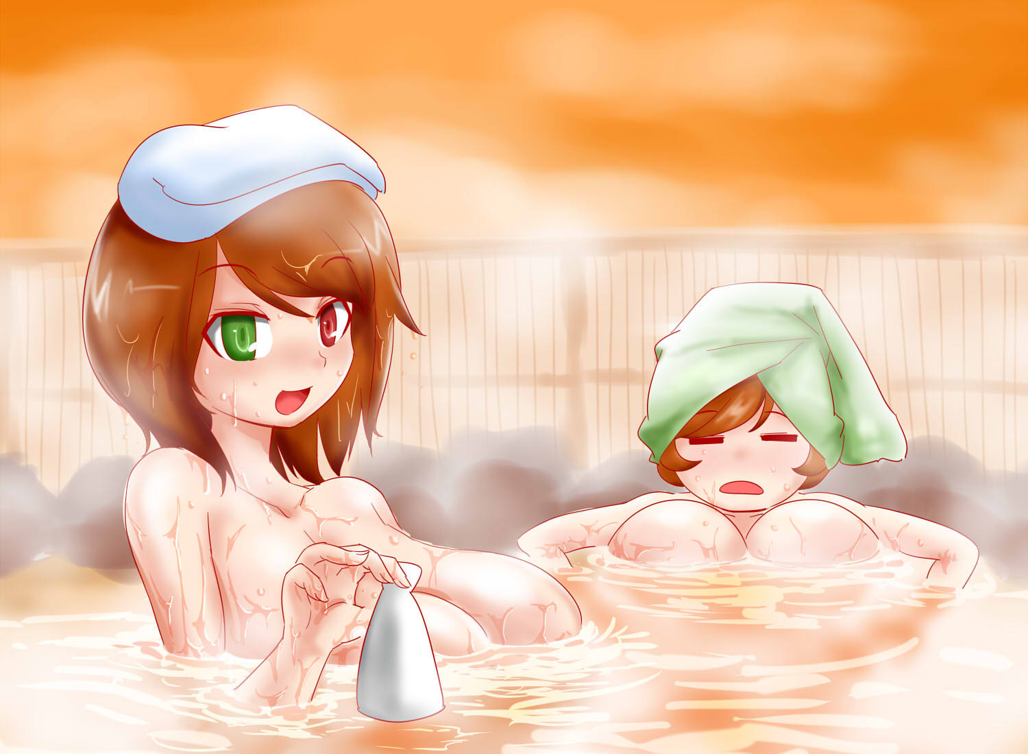 itini-sanshi, souseiseki, suiseiseki, rozen maiden, commentary request, 2girls, alternate breast size (larger), bath, bathing, blush, breasts, brown hair, closed eyes, green eyes, heterochromia, large breasts, multiple girls, onsen, open mouth, orange sky, partially submerged, red eyes, short hair, siblings, sisters, sky, smile, steam, towel, towel on head, twins, upper body, water