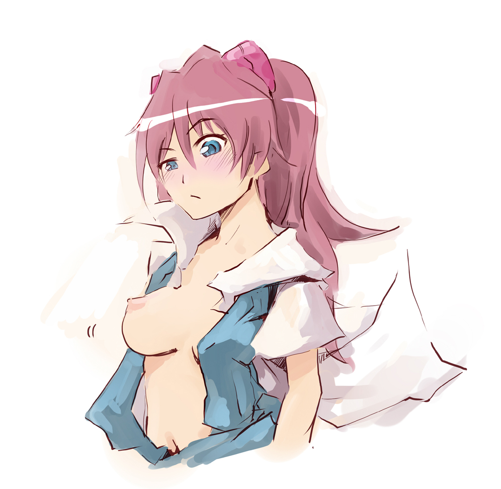 amakan, souryuu asuka langley, neon genesis evangelion, 1girl, blue eyes, blush, breasts, female focus, hair ornament, hairclip, open clothes, open shirt, red hair, school uniform, shirt, solo