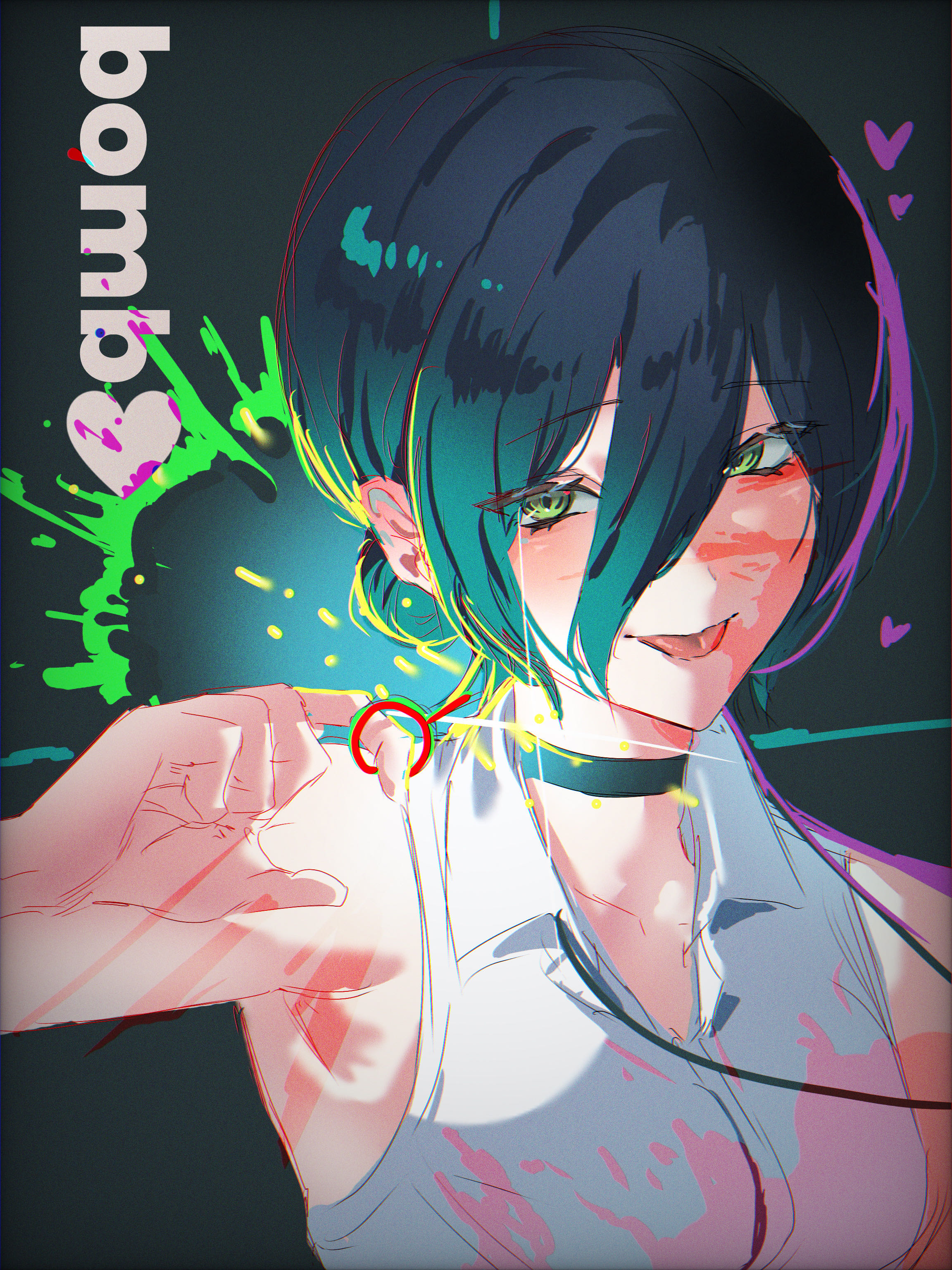 reze (chainsaw man), chainsaw man, absurdres, highres, 1girl, armpit crease, black choker, black hair, choker, collared shirt, green eyes, grenade pin, hair between eyes, heart, nnbi (artist), shirt, sleeveless, sleeveless shirt, solo, tongue, tongue out, white shirt