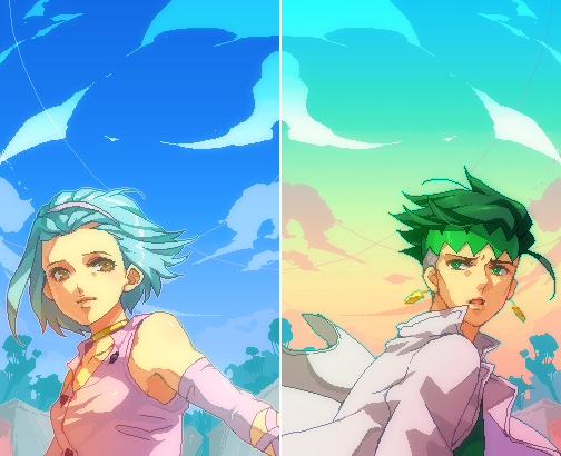 tetsukuzu tetsuko, kishibe rohan, sugimoto reimi, jojo no kimyou na bouken, 1boy, aqua hair, armband, brown eyes, choker, cloud, earrings, ghost, green eyes, green hair, hairband, headband, jacket, jewelry, short hair, sky, symmetry, tree