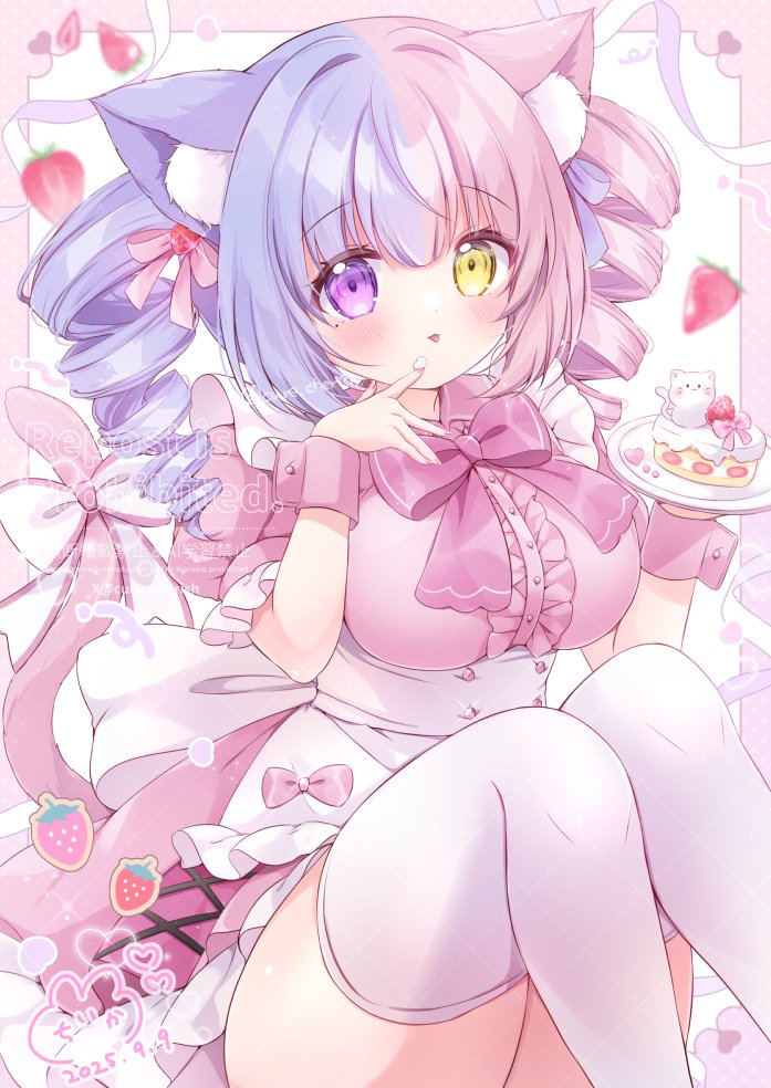 chiika (cure cherish), indie virtual youtuber, commission, skeb commission, 1girl, amami nyanko, animal ear fluff, animal ears, apron, bow, breasts, cake, cat ears, cat girl, cat tail, dress, drill hair, food, fruit, hair ornament, holding, holding plate, large breasts, multicolored hair, pink bow, pink dress, pink hair, pink tail, pink wrist cuffs, plate, purple eyes, purple hair, solo, split-color hair, strawberry, tail, tail bow, tail ornament, thighhighs, twin drills, virtual youtuber, waist apron, white apron, white thighhighs, wrist cuffs, yellow eyes