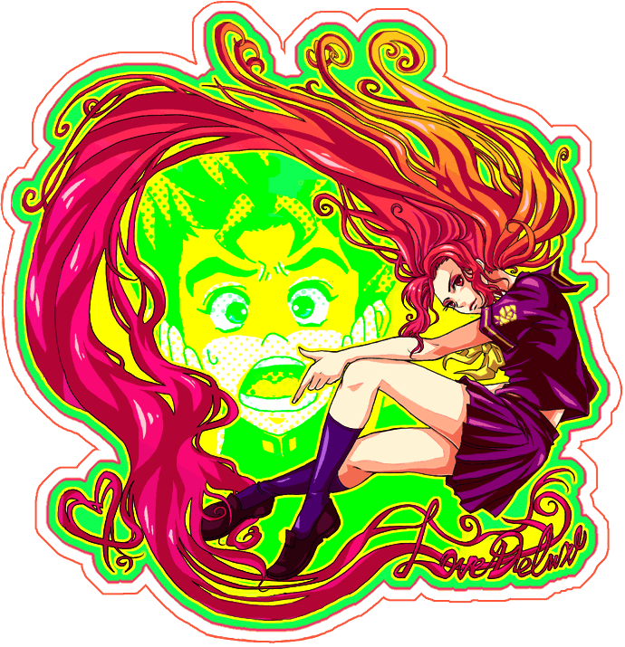 awa toka, hirose koichi, love deluxe, yamagishi yukako, diamond is not crash, jojo no kimyou na bouken, 1boy, 1girl, colorful, eyeshadow, gakuran, heart, legs, long hair, makeup, multicolored hair, open mouth, pleated skirt, pointing, red eyes, red hair, school uniform, screaming, serafuku, shoes, short hair, skirt, socks, sweatdrop, very long hair