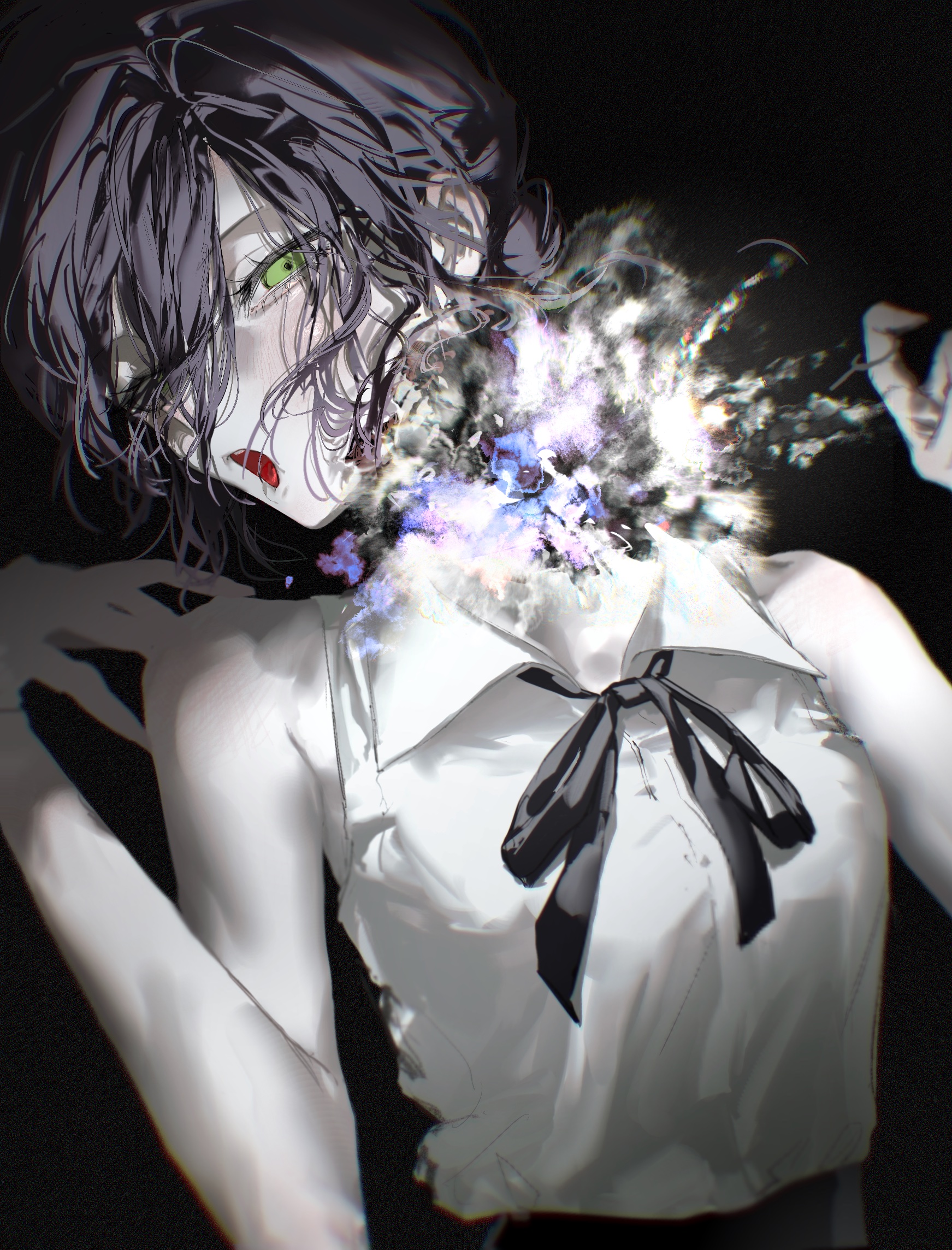 reze (chainsaw man), chainsaw man, highres, 1girl, black background, black hair, black ribbon, collared shirt, duzhong (naaan 2), explosion, green eyes, grenade pin, looking at viewer, neck ribbon, open mouth, ribbon, shirt, sleeveless, sleeveless shirt, solo, white shirt