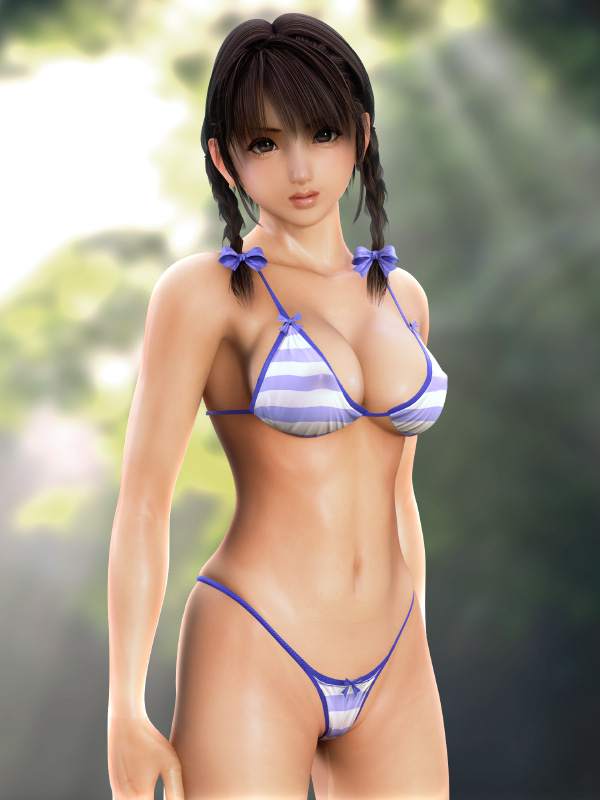 incise soul, m-rs, cocoa (character), striped, 1girl, 3d, abs, bikini, braid, breasts, brown eyes, brown hair, covered erect nipples, hair ribbon, nature, navel, outdoors, realistic, ribbon, solo, string bikini, striped bikini, striped one-piece swimsuit, swimsuit, twin braids, twintails, wet