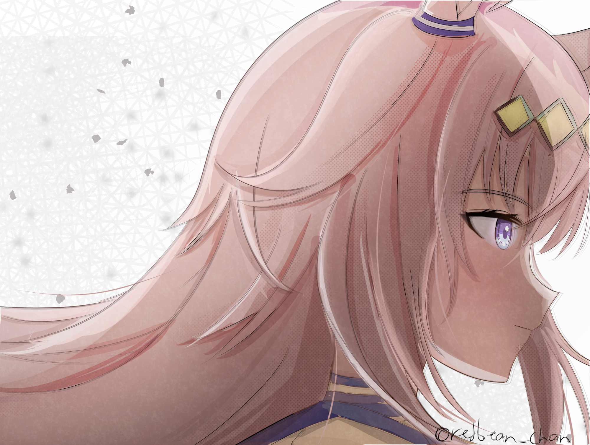 oguri cap (starlight beat) (umamusume), oguri cap (umamusume), umamusume, highres, 1girl, animal ears, blue eyes, blue sailor collar, closed mouth, ear ornament, from side, grey hair, hair between eyes, hair ornament, hairband, horse ears, horse girl, long hair, portrait, redbean chan, sailor collar, simple background, smile, solo