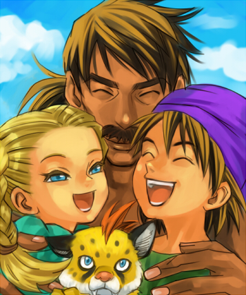 bianca (dq5), borongo, hero (dq5), papas, dragon quest, dragon quest v, lowres, 1girl, 2boys, aged down, blue eyes, child, happy, multiple boys, smile