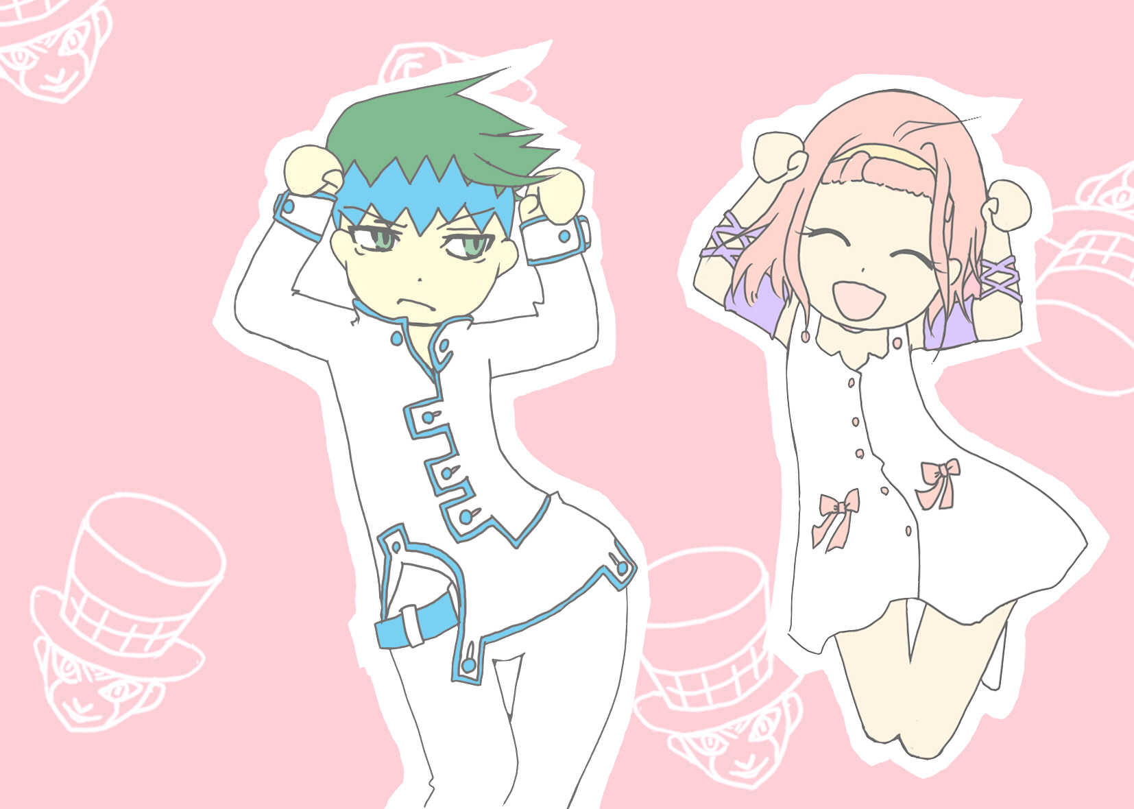 heaven's door, kishibe rohan, sugimoto reimi, jojo no kimyou na bouken, highres, 1boy, 1girl, armband, belt, caramelldansen, closed eyes, dancing, ghost, green eyes, green hair, hairband, headband, parody, pink hair, ribbon