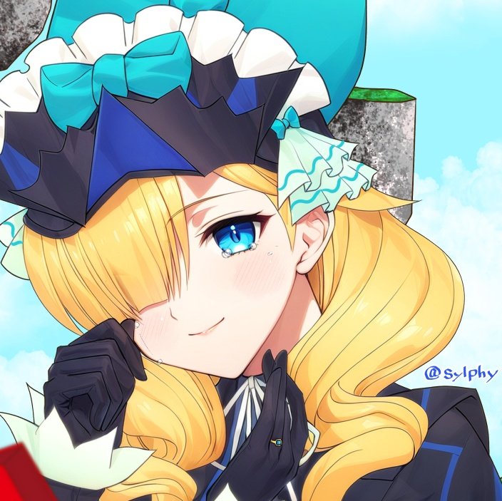 sylphy fe, madeline (fire emblem), fire emblem, fire emblem engage, nintendo, 1girl, armor, blonde hair, blue armor, blue eyes, blunt bangs, frilled headwear, hair over one eye, solo, wavy hair