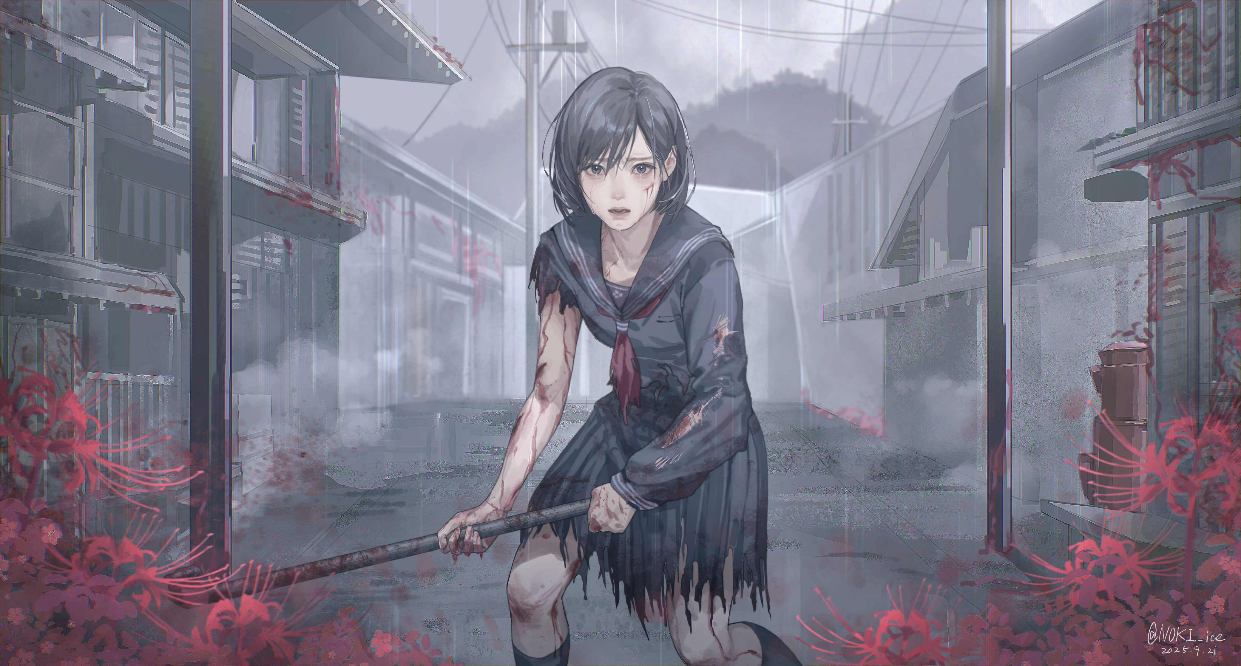 noki ice, shimizu hinako, silent hill (series), silent hill f, absurdres, highres, 1girl, artist name, black hair, black serafuku, black skirt, black socks, bleeding, blood, dated, deep wound, flower, holding, holding lead pipe, injury, lead pipe, pleated skirt, rain, school uniform, serafuku, skirt, socks, spider lily, torn clothes, torn skirt