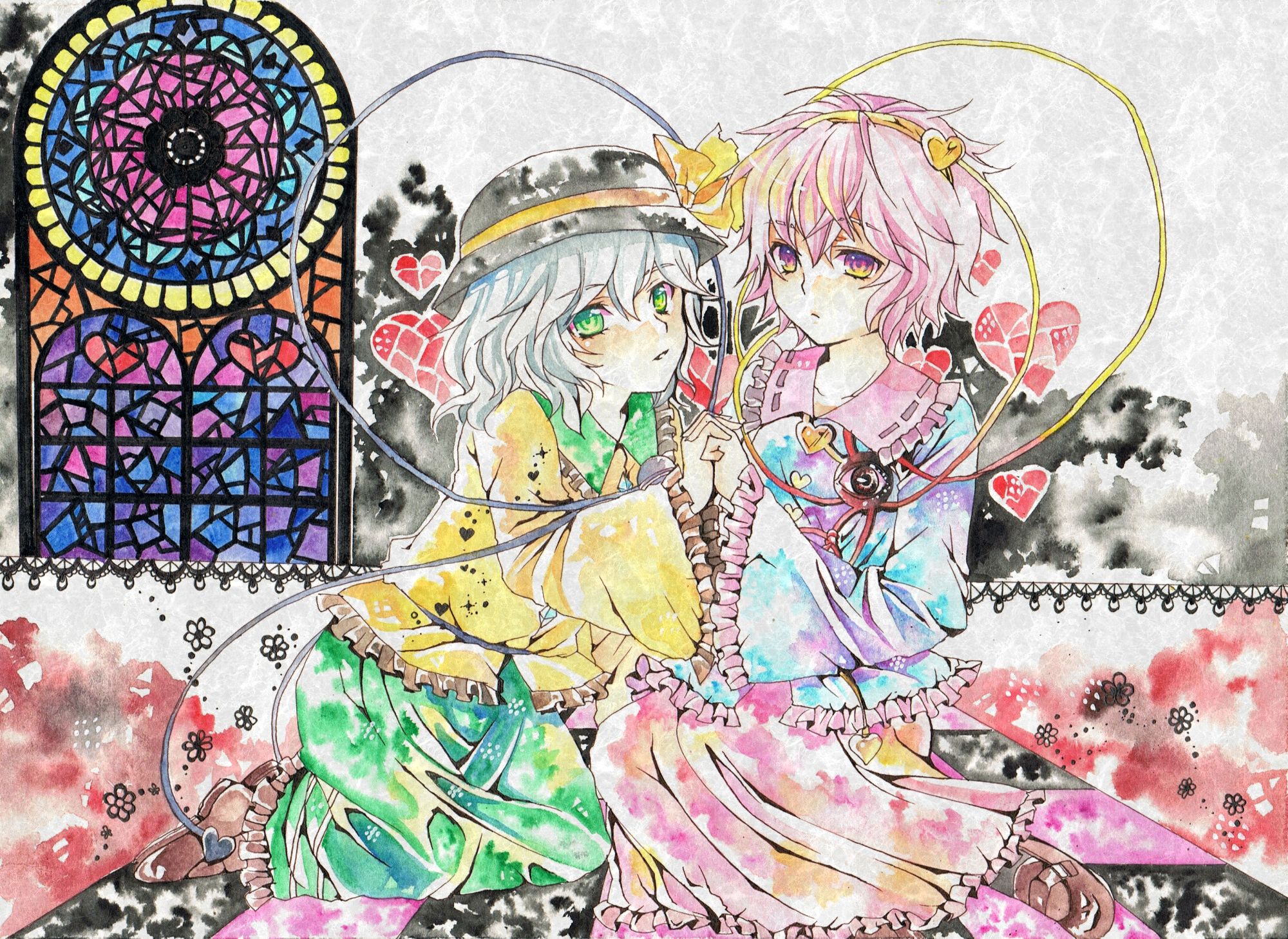 n-mix, komeiji koishi, komeiji satori, touhou, silver hair, highres, 2girls, bow, female focus, hat, multiple girls, pink hair, ribbon, short hair, siblings, sisters, yellow bow