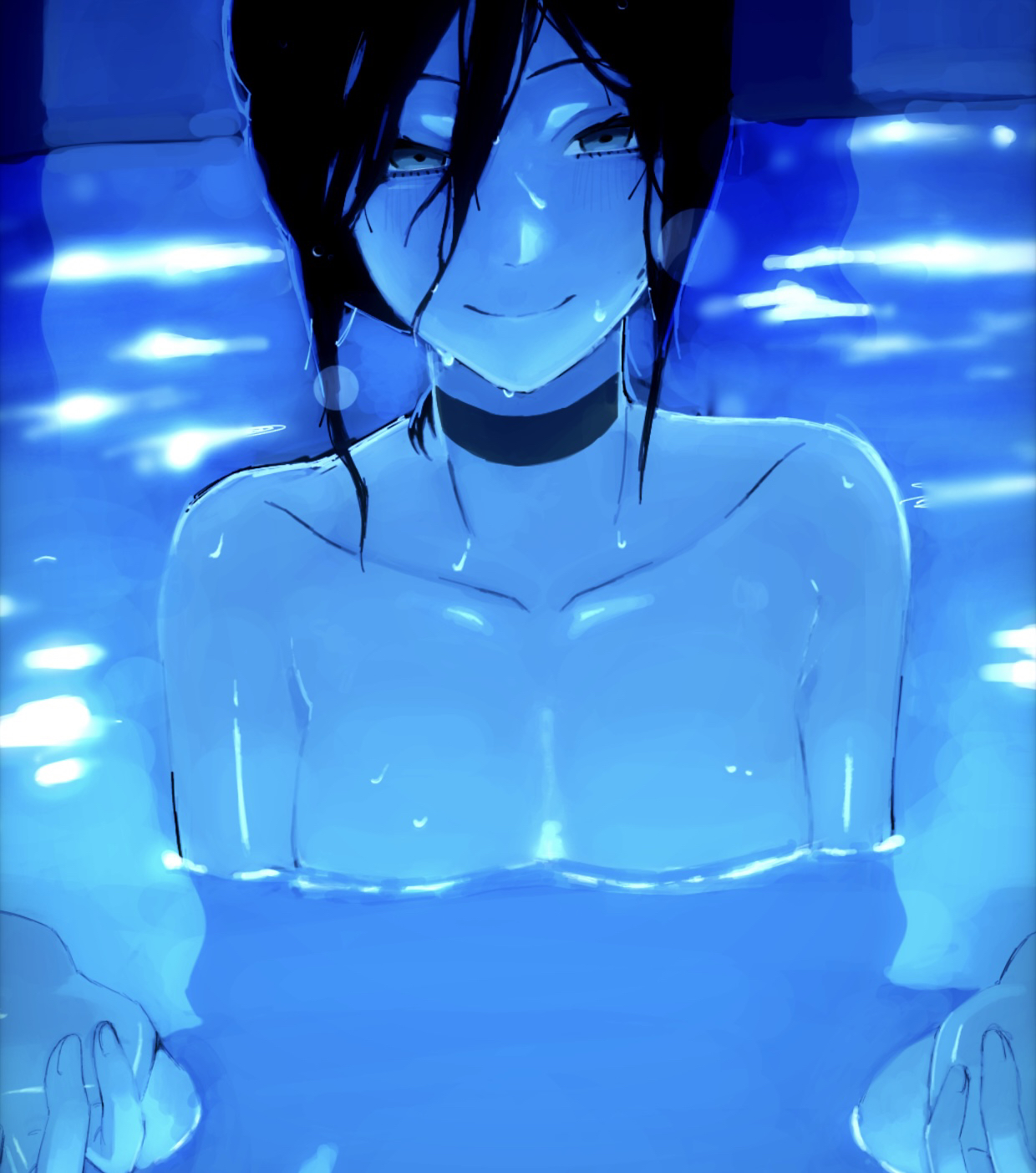 reze (chainsaw man), chainsaw man, commentary request, highres, 1girl, black choker, black hair, blue theme, breasts, choker, closed mouth, hair between eyes, hands up, partially submerged, pool, small breasts, smile, solo, user sjyy4243, wet, wet hair