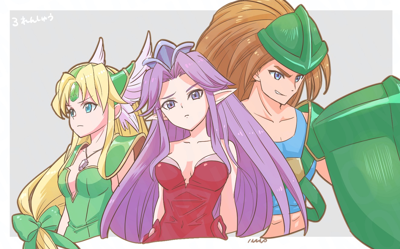 angela (seiken densetsu 3), duran (seiken densetsu 3), riesz, seiken densetsu, seiken densetsu 3, 1boy, 2girls, armor, bare shoulders, blonde hair, blue eyes, blue tank top, border, bow, breasts, brown hair, cleavage, cocked eyebrow, collarbone, crop top, cropped torso, dress, forehead jewel, gem, green bow, green dress, green eyes, green gemstone, green helmet, grey background, hair bow, hair slicked back, hat, helmet, holding, holding shield, inuno27, jewelry, leotard, light frown, long hair, low-tied long hair, medium breasts, midriff, mini hat, multiple girls, necklace, parted bangs, parted lips, pointy ears, purple eyes, purple hair, red leotard, shield, shoulder armor, sidelocks, smirk, strapless, strapless leotard, tank top, upper body, white border, white wrist cuffs, winged helmet, wrist cuffs