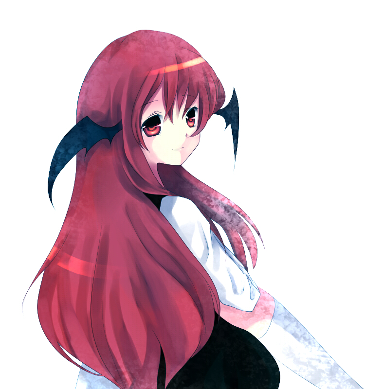 eiko (pixiv), koakuma, embodiment of scarlet devil, touhou, bad id, bad pixiv id, 1girl, female focus, head wings, long hair, looking back, red eyes, red hair, simple background, solo, white background, wings