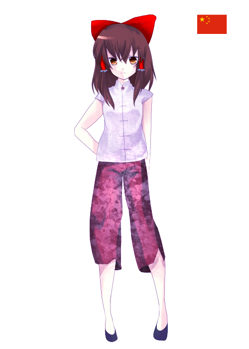 eiko (pixiv), hakurei reimu, touhou, 1girl, china dress, chinese clothes, dress, female focus, ribbon, simple background, solo, white background