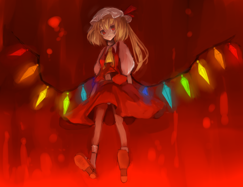 eiko (pixiv), flandre scarlet, touhou, 1girl, ascot, blonde hair, female focus, floating, hat, hat ribbon, long hair, mob cap, navel, ponytail, red eyes, red theme, ribbon, shoes, short hair, short sleeves, side ponytail, skirt, solo, wings