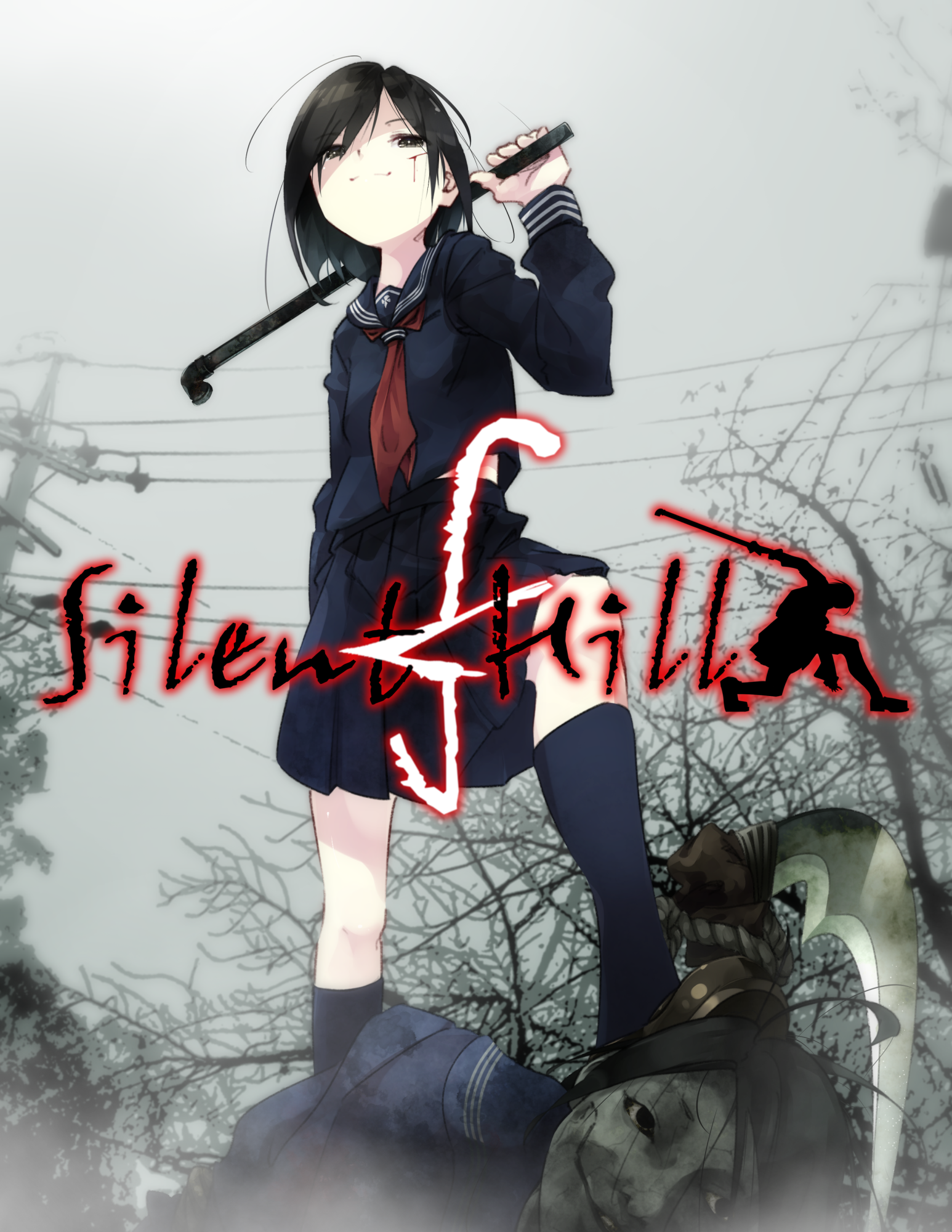 gorilla (bun0615), ayakakashi, shimizu hinako, devil may cry, devil may cry (series), devil may cry 3, silent hill (series), silent hill f, derivative work, highres, 1girl, black hair, black serafuku, black skirt, black socks, blood, blood on face, copyright name, holding, holding lead pipe, lead pipe, midriff peek, parody, school uniform, serafuku, skirt, smile, socks