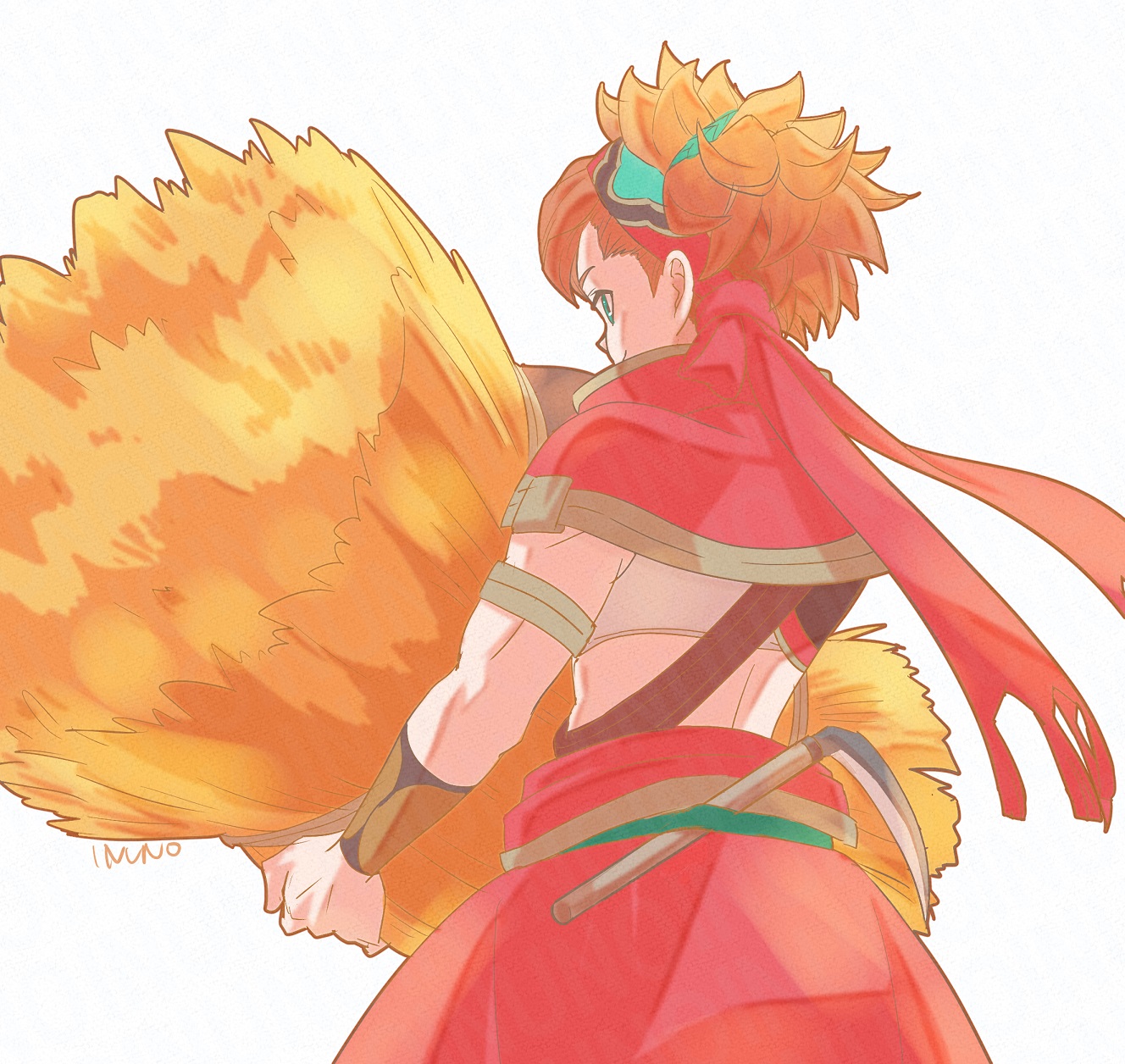 seiken densetsu, visions of mana, highres, 1boy, armband, capelet, cowboy shot, crop top, gold trim, green eyes, hairband, holding wheat, inuno27, male focus, midriff, orange hair, red capelet, red hairband, short hair, shoulder belt, sickle, smile, solo, toned, toned male, val (visions of mana), white background