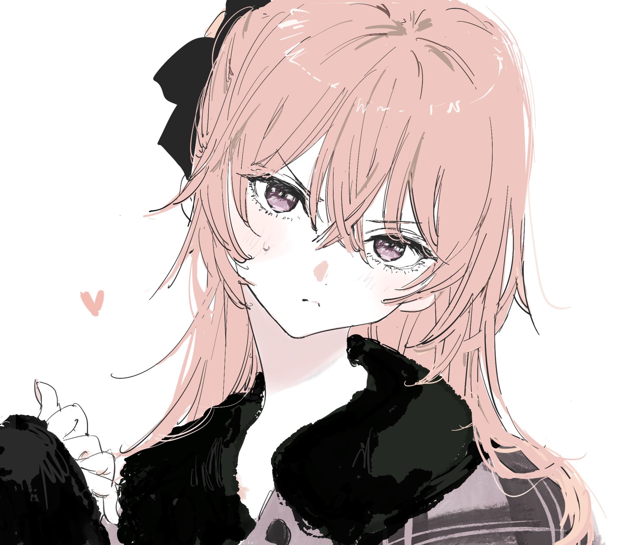 needbee r, original, highres, 1girl, blush, bow, closed mouth, crossed bangs, frown, fur trim, hair between eyes, hair bow, head tilt, heart, long hair, looking at viewer, pink hair, purple eyes, simple background, solo, sweatdrop, white background