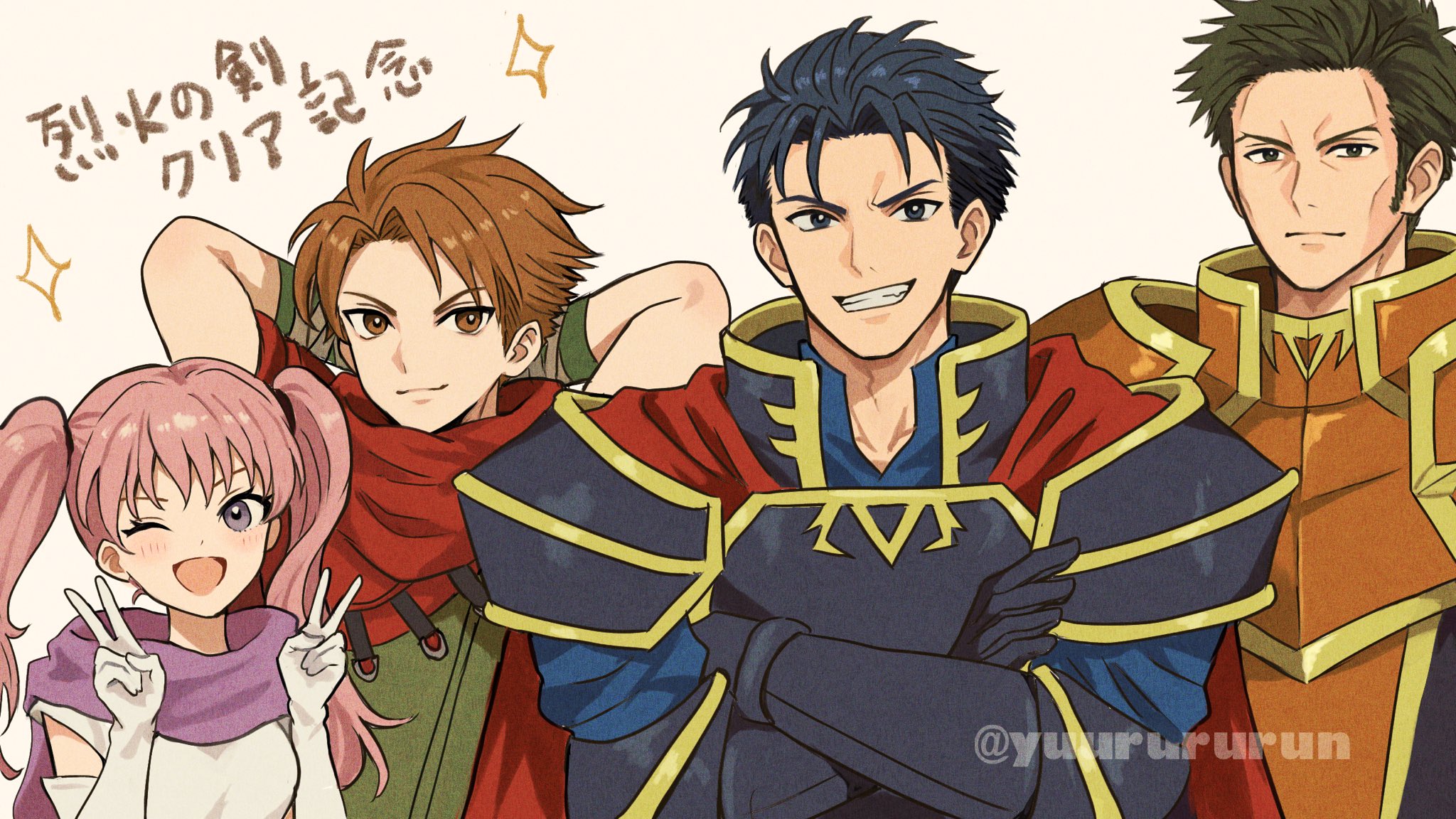 yuurururun, hector (fire emblem), matthew (fire emblem), oswin (fire emblem), serra (fire emblem), fire emblem, fire emblem: the blazing blade, nintendo, highres, 1girl, 3boys, armor, blue hair, double v, grey eyes, mature male, multiple boys, orange armor, twintails, v