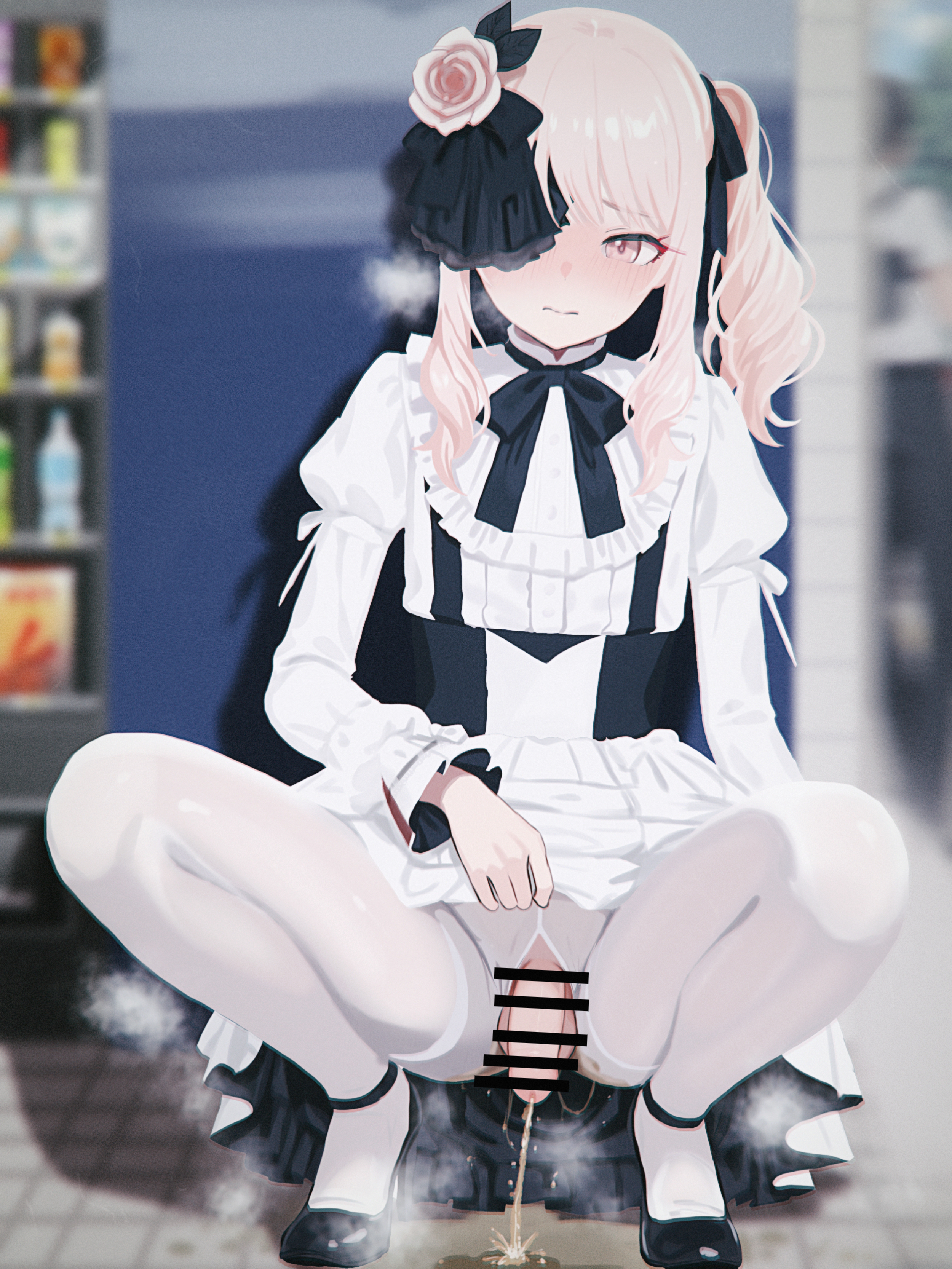 zhan jie wang, akiyama mizuki, project sekai, absurdres, commission, highres, pixiv commission, 1boy, bar censor, black bow, black bowtie, black ribbon, black shoes, blurry, blurry background, blush, bow, bowtie, censored, closed mouth, clothes lift, crossdressing, crossdressing (mtf), dress, dress lift, flaccid, flower, genderswap, genderswap (otm), hair flower, hair ornament, hair ribbon, high heels, indoors, juliet sleeves, long sleeves, male focus, pantyhose, pee, peeing, penis, pink eyes, pink flower, pink hair, pink rose, puffy sleeves, ribbon, rose, shoes, side ponytail, sidelocks, squatting, trap, white dress, white pantyhose