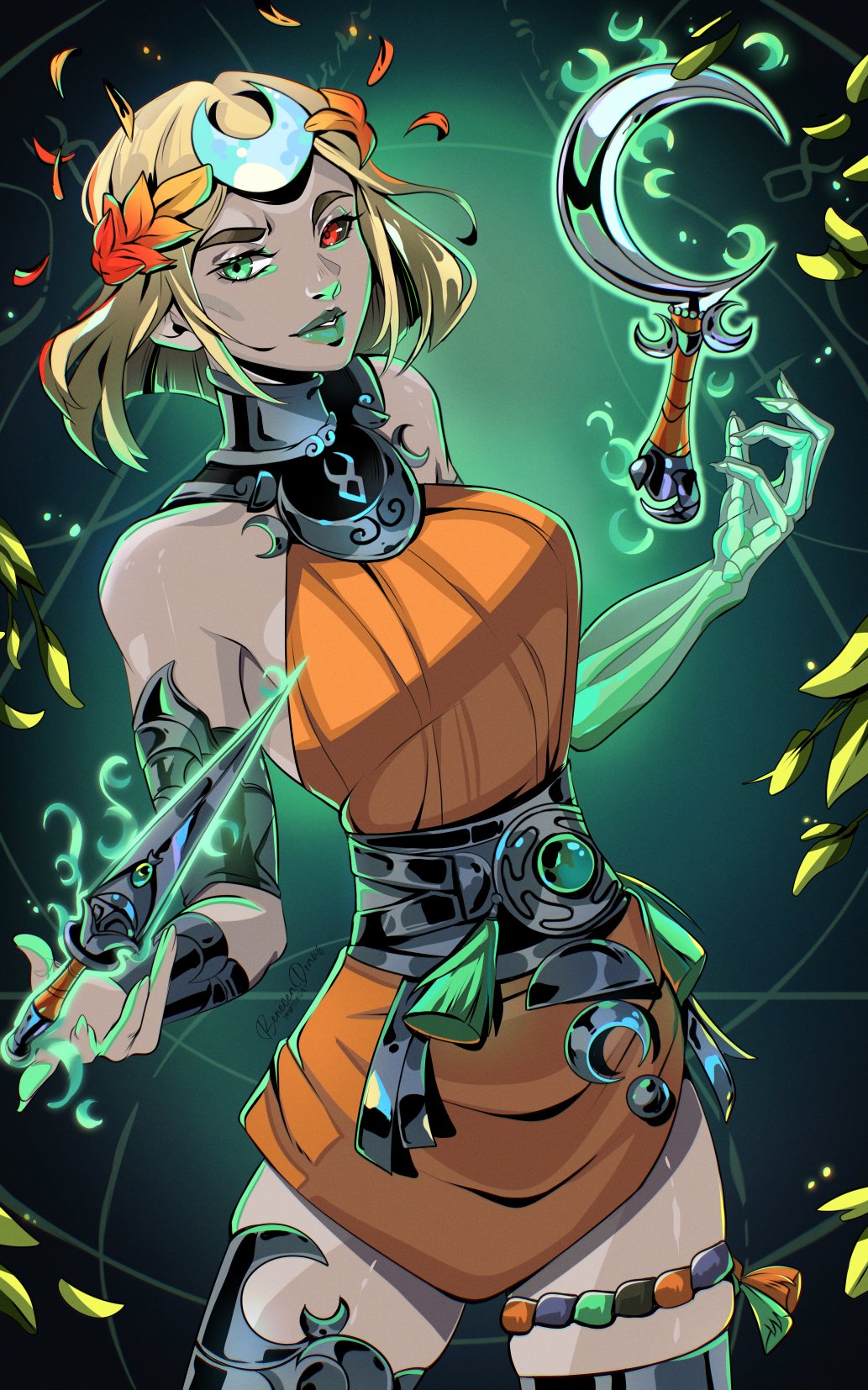beneceadraws, melinoe (hades), hades (series), hades 2, commentary, english commentary, highres, 1girl, ancient greek clothes, bare shoulders, black sclera, blonde hair, colored sclera, dress, greco-roman clothes, green eyes, heterochromia, laurel crown, mismatched sclera, orange dress, orange hair, short hair, skeletal arm, sleeveless, sleeveless dress, solo, strapless, strapless dress