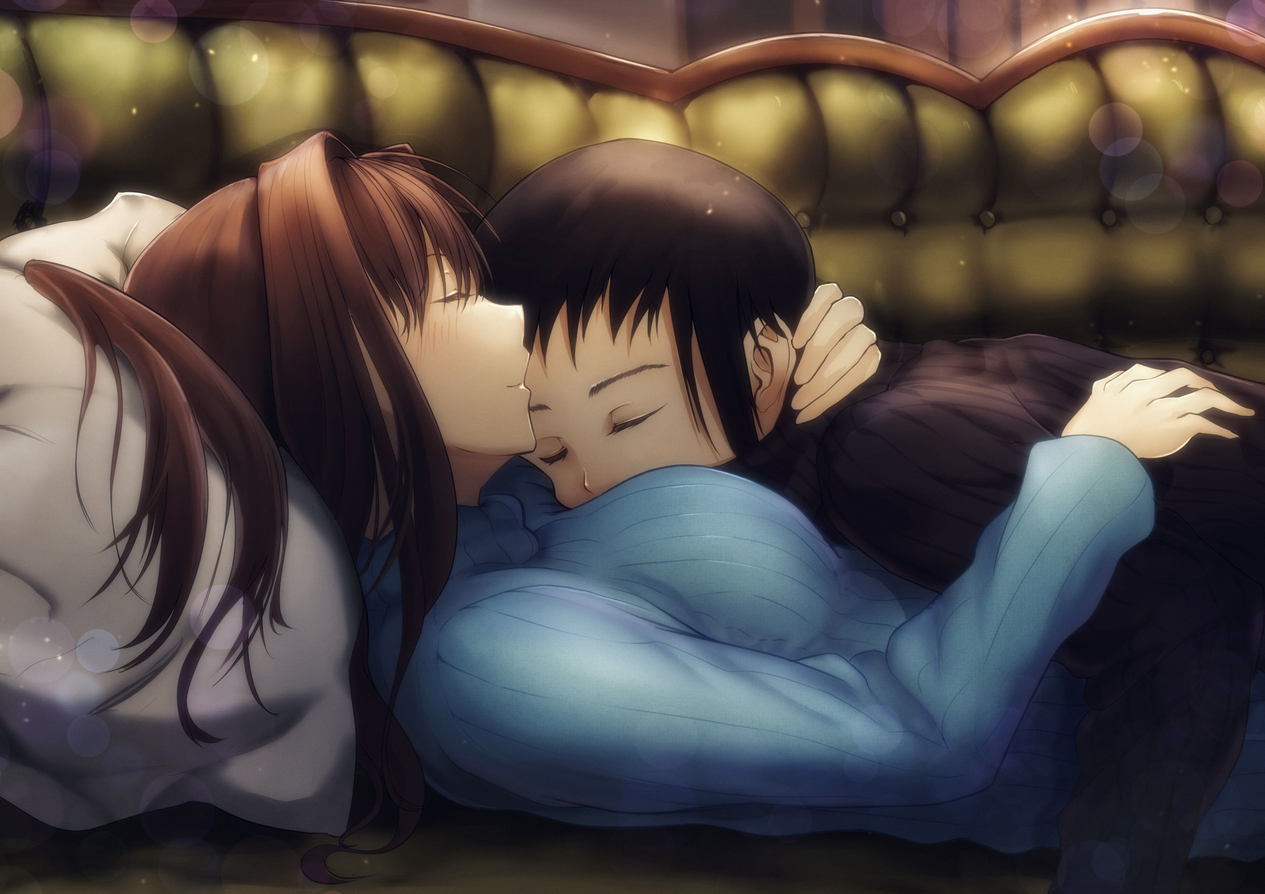 toomishou, aozaki aoko, shizuki soujuurou, mahou tsukai no yoru, absurdres, highres, 1boy, 1girl, black hair, black sweater, blue sweater, brown hair, closed eyes, couch, cuddling, cushion, hair intakes, hand on another's back, hand on another's neck, light blush, long hair, lying, lying on another, on back, pillow, short hair, smile, sweater, turtleneck, turtleneck sweater