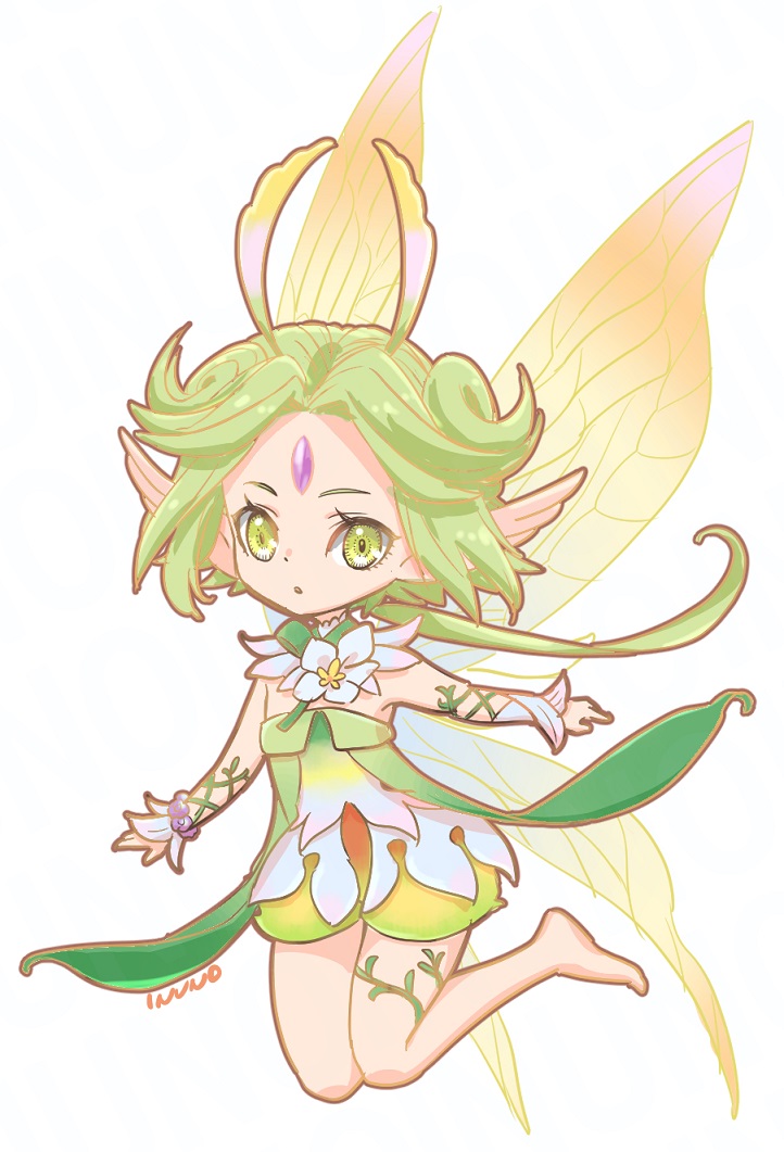 seiken densetsu, visions of mana, 1girl, artist name, barefoot, bead bracelet, beads, bracelet, detached collar, dress, faerie (visions of mana), fairy, fairy wings, flat chest, flying, forehead jewel, full body, gem, green dress, green eyes, green hair, head wings, inuno27, jewelry, parted bangs, parted lips, purple gemstone, short hair, sidelocks, solo, thighlet, white background, wings