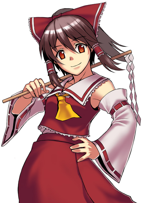 jony (avion mura), hakurei reimu, touhou, bad id, bad pixiv id, 1girl, detached sleeves, female focus, gohei, japanese clothes, miko, ribbon, simple background, skirt, solo, white background