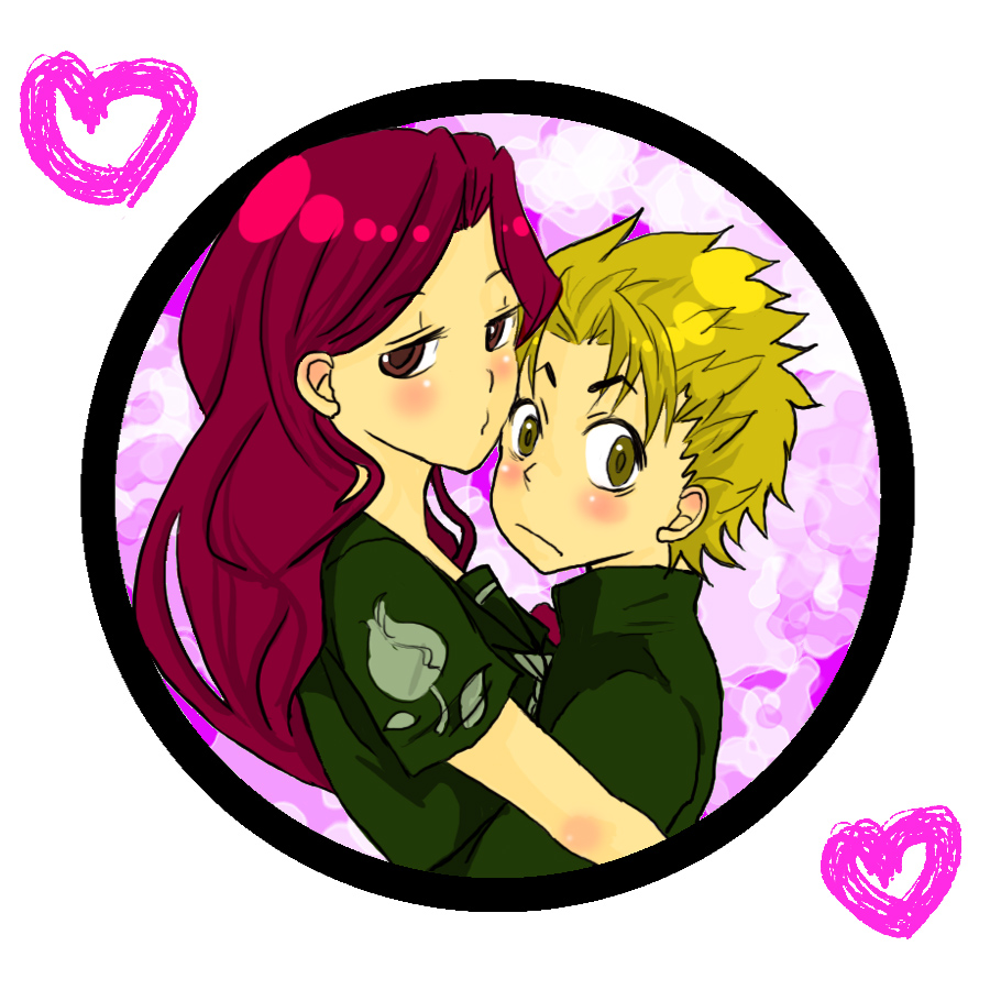 pino p, hirose koichi, yamagishi yukako, jojo no kimyou na bouken, bad id, bad pixiv id, 1boy, 1girl, blonde hair, blush, couple, gakuran, heart, height difference, hetero, hug, long hair, red eyes, red hair, school uniform, serafuku, short hair, yellow eyes