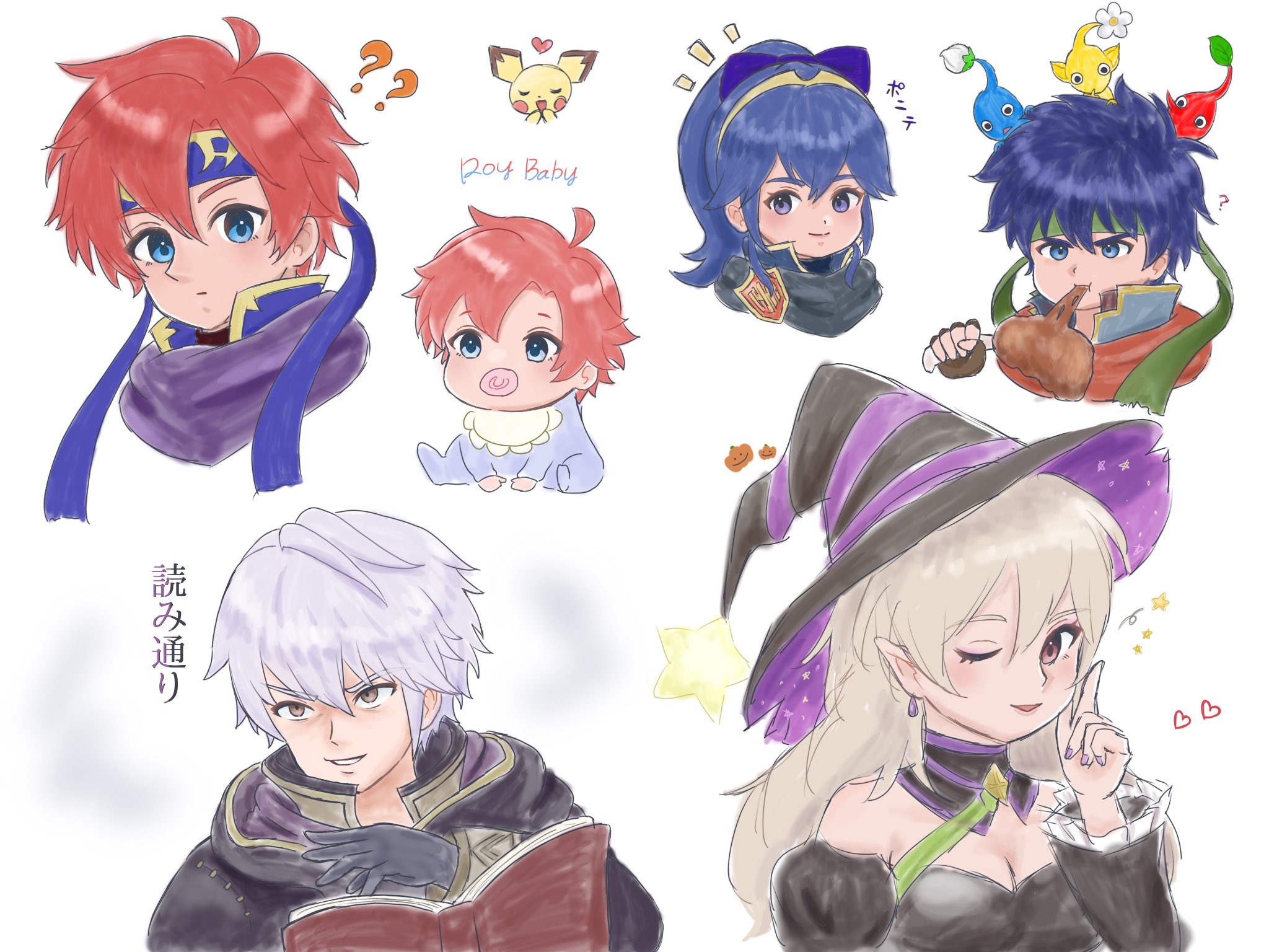 female corrin (fire emblem), female corrin (halloween) (fire emblem), ike (fire emblem), male robin (fire emblem), pichu, roy (fire emblem), fire emblem, fire emblem: radiant dawn, fire emblem: the binding blade, fire emblem awakening, fire emblem fates, nintendo, highres, aged down, baby, blue eyes, blue headband, forehead protector, gen 2 pokemon, grey hair, headband, looking at viewer, nail polish, pikmin (creature), purple nails, red eyes, red hair, ro061yy