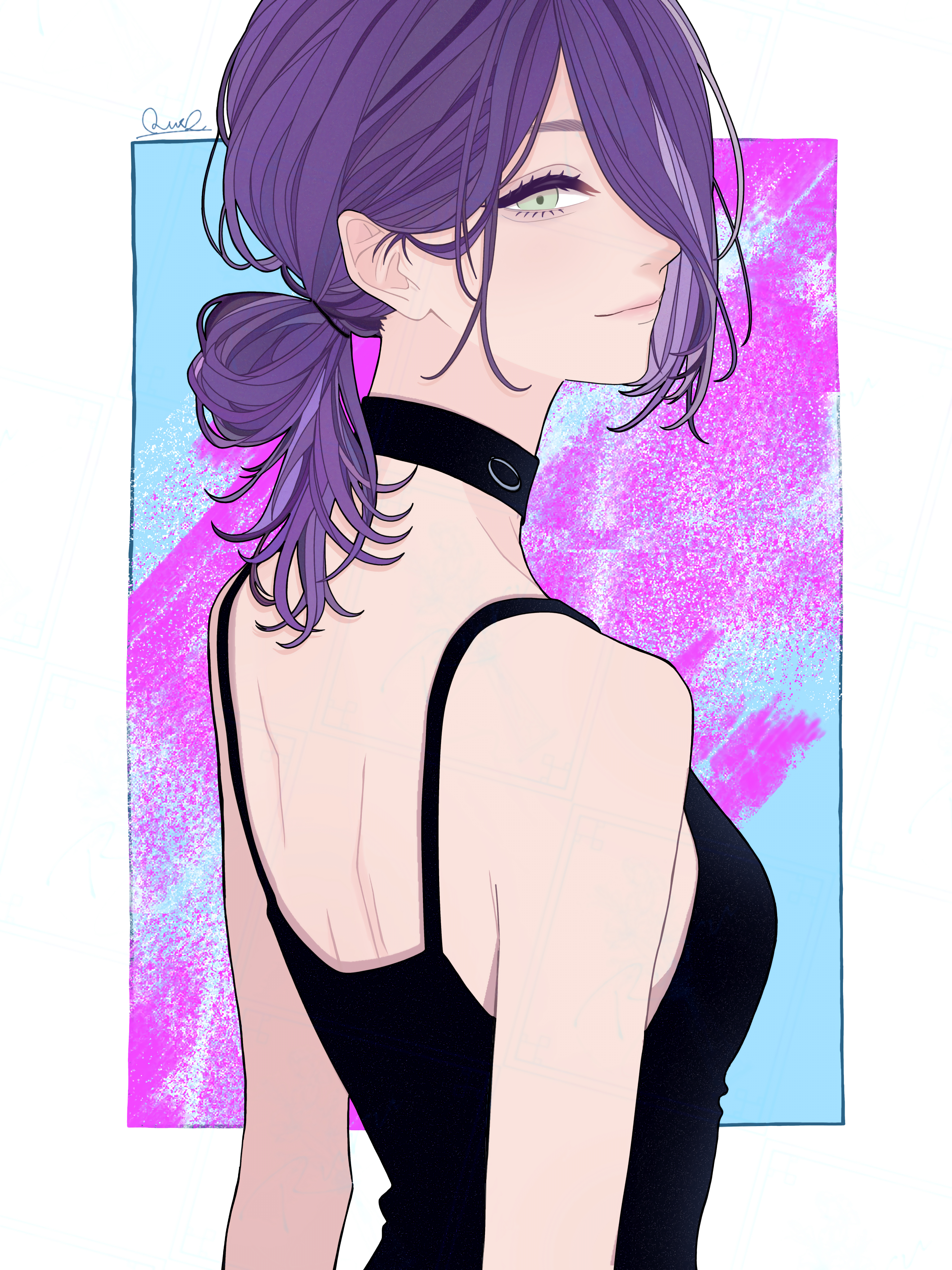 reze (chainsaw man), chainsaw man, absurdres, highres, 1girl, black camisole, black choker, breasts, camisole, choker, closed mouth, green eyes, grenade pin, hair behind ear, hair bun, hair over one eye, looking at viewer, purple hair, ruru (l2u x2), small breasts, solo